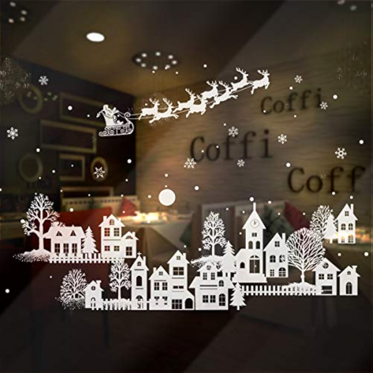 Christmas Night White Silhouette Wall Stickers Santa Claus Snowflakes Window Wall Decals For Shop Home Decor Merry Christmas Decorations