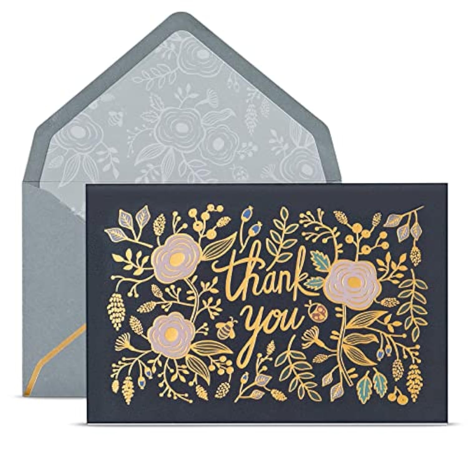 Thank You Cards With Envelopes, 24-Count, Midnight And Gilded Blooms, Gold Foil Floral Design, 4 X 6 Inches, Blank Inside Bulk Notes For Weddings, Baby Showers, Bridal Showers