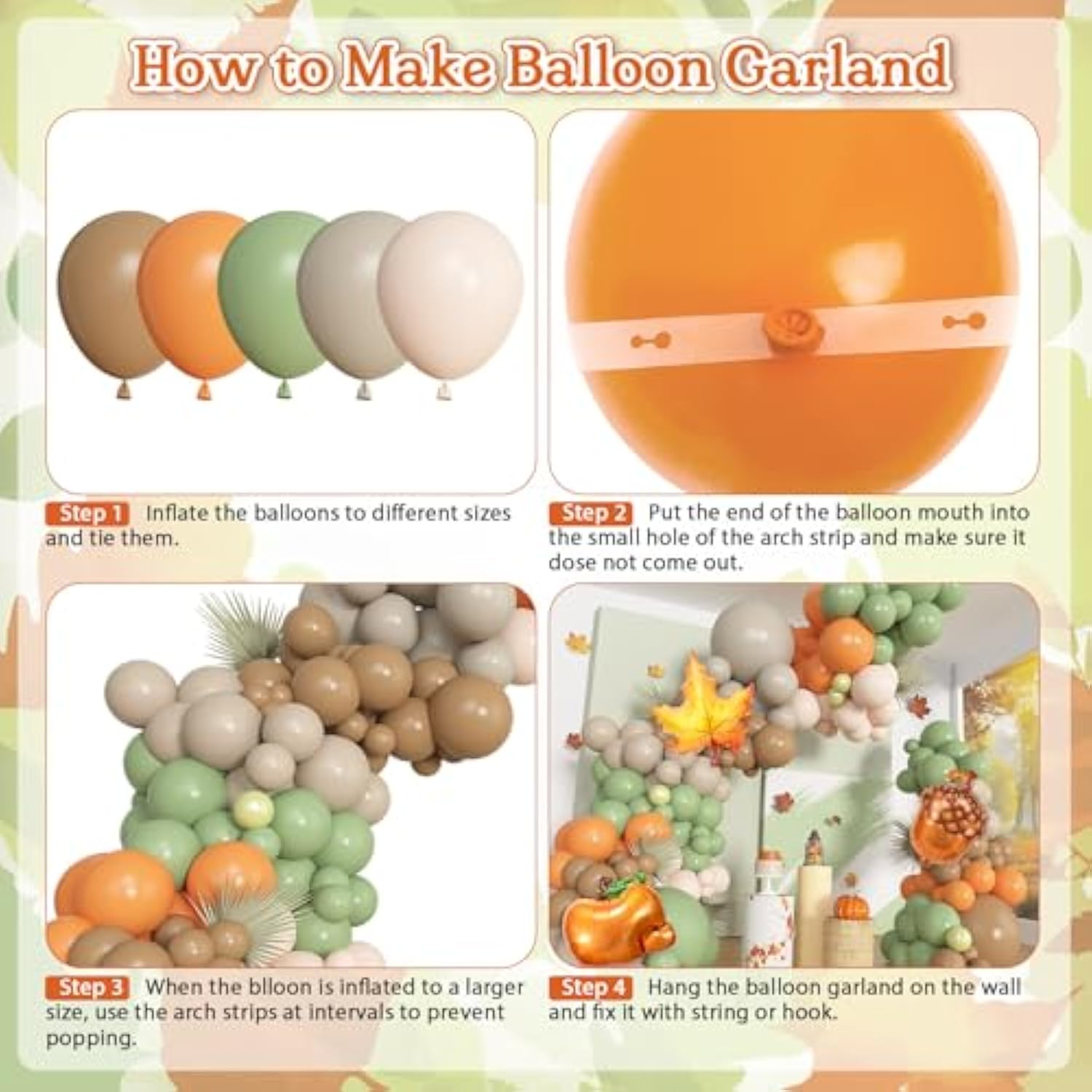 194PCS Fall Balloon Arch Kit with Sage Green Orange Brown Balloons for Thanksgiving