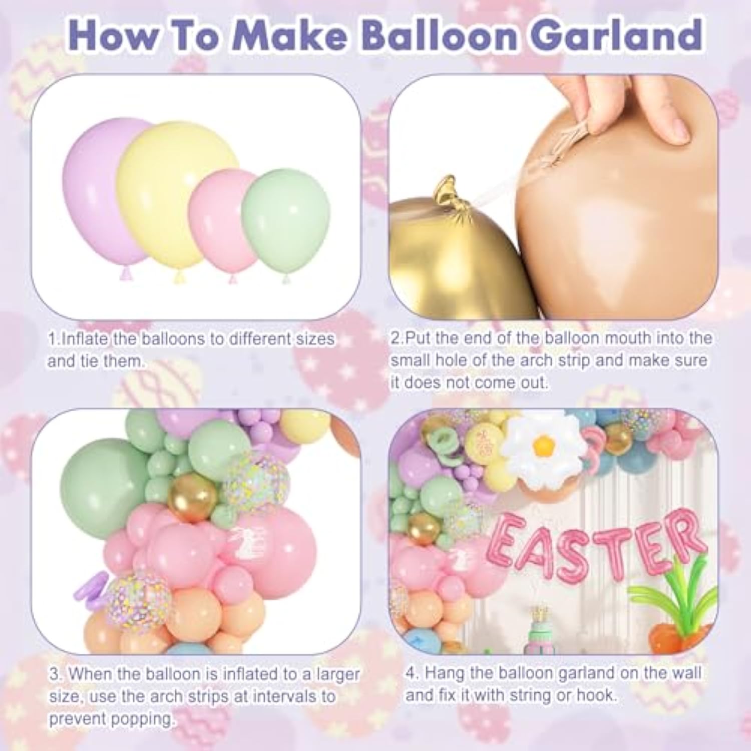 187 Pcs Easter Balloons Arch Garland Kit, Easter Party Decorations With Daisy Flower Foil Long Pastel Printed Balloons For Spring Pastel Birthday Baby Shower Bunny Party Supplies Decor