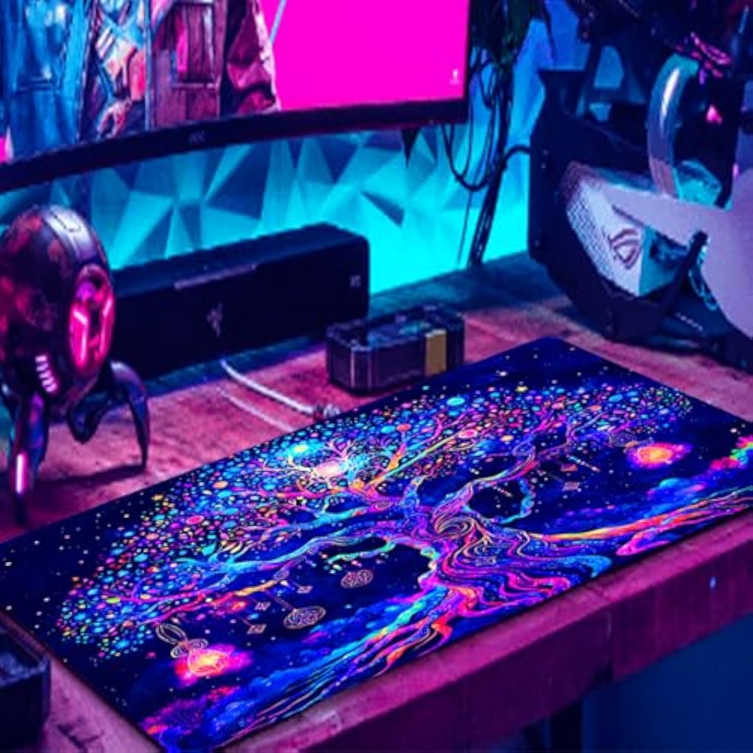 Colorful Tree Of Life Mouse Pad, Blacklight Gaming Extended Large Desk Pad, Uv Reactive Waterproof Long Keyboard Big Mouse Mat With 3Mm Non-Slip Rubber Base For Office Home - 31.5" X 11.8"