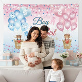 Boy or Girl Gender Reveal Backdrop – Pink & Blue Bear Gender Reveal Decoration Banner with Hot Air Balloons Girls & Boys Baby Shower Yard Sign Photo Booth Backdrop for Gender Reveal Party 71"x43"