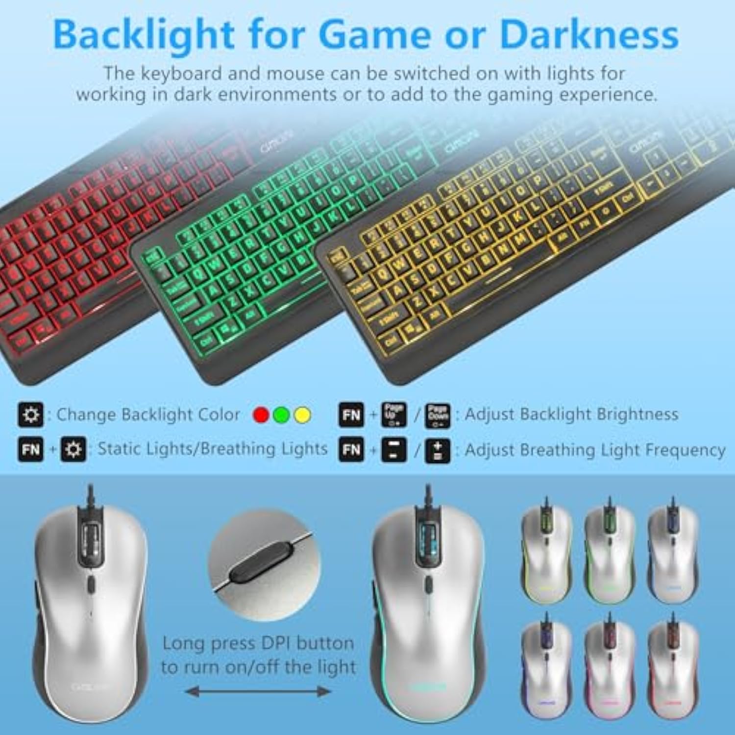 Chonchow Wired Keyboard And Mouse Combo With , Redgreenyellow Light Up, Quiet Keys For Office Work Or Gaming, Rgb Mouse, Usb Big Letter Keyboard With Mice For Pc Mac Laptop Computerblack