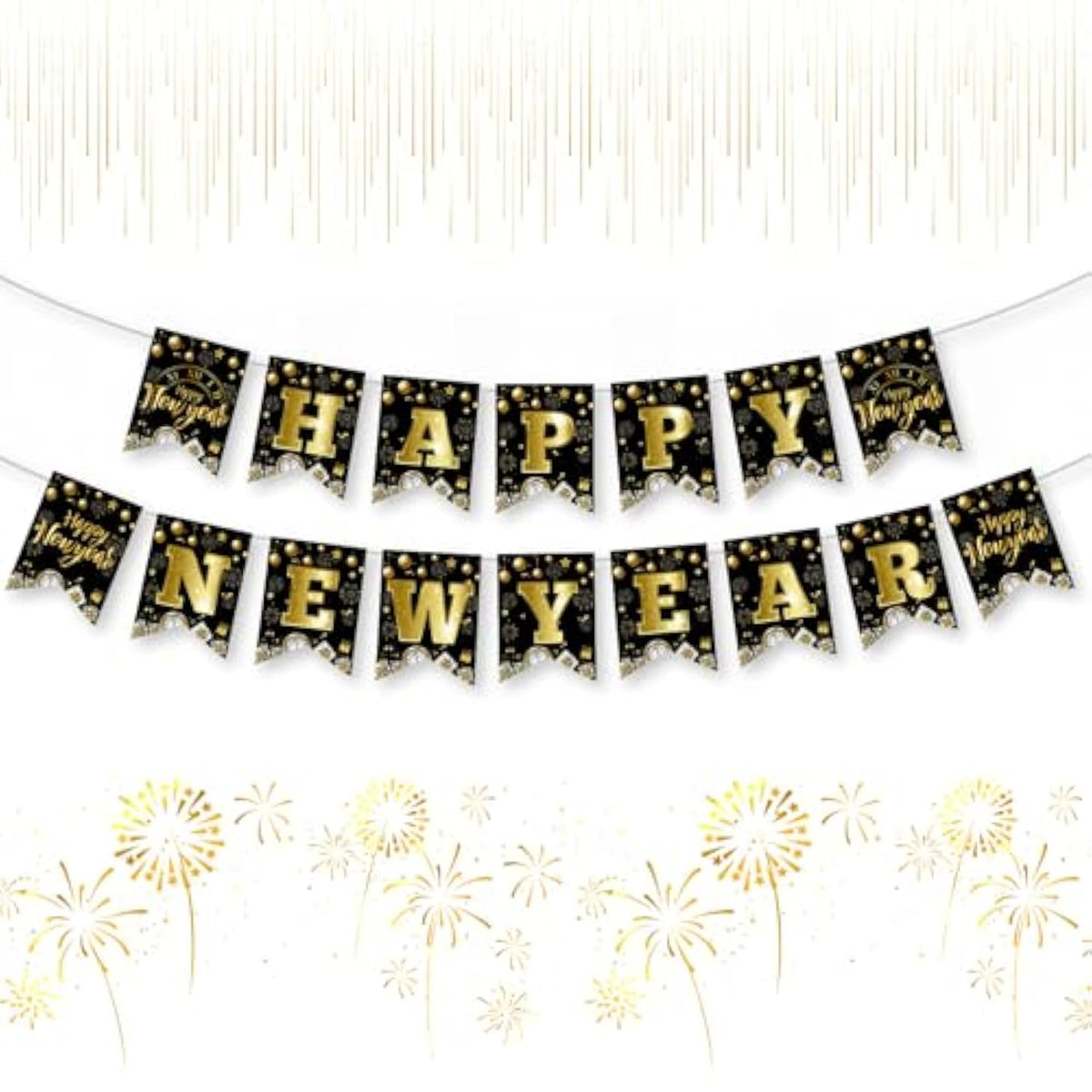 Black Gold Happy New Year 2026 Banner Garland Party Decorations Favors Props