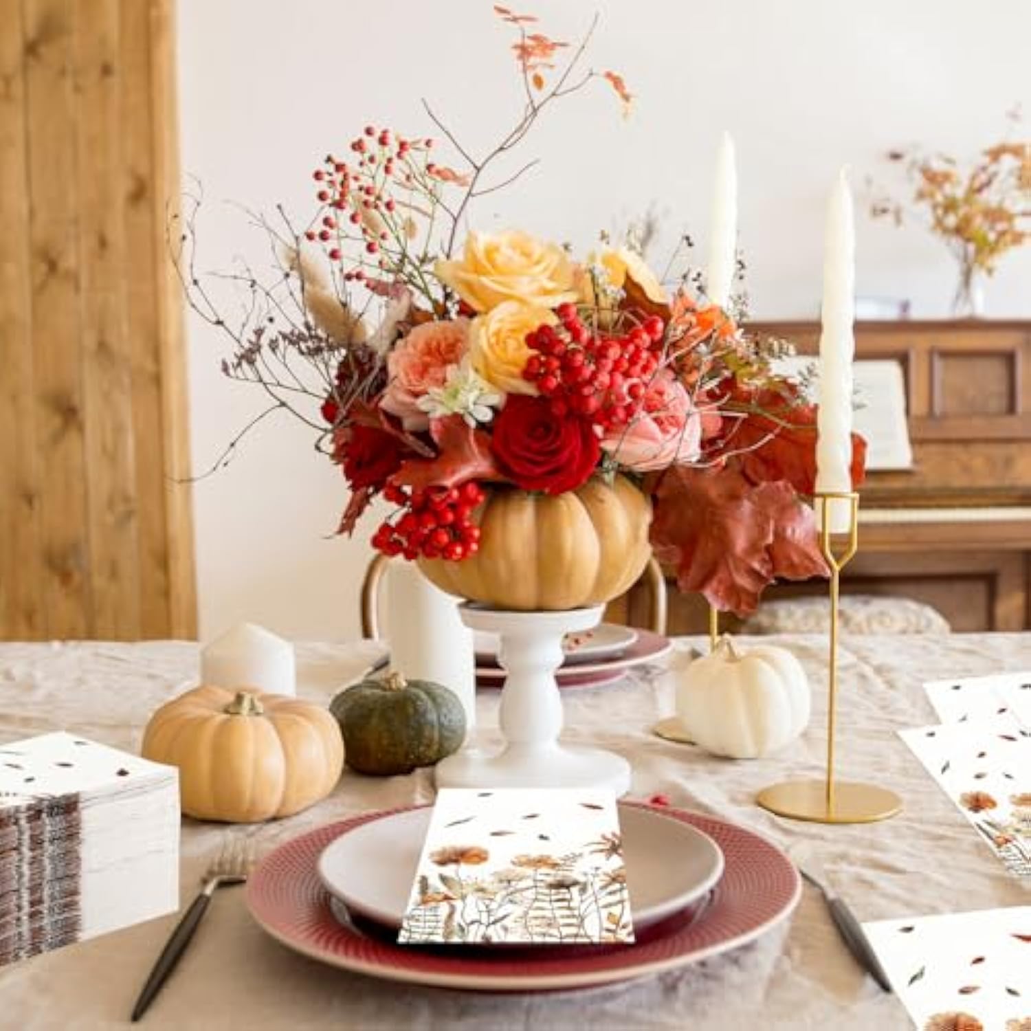 100 Fall Floral Guest Napkins, Disposable Hand Towels for Bathroom & Autumn Events