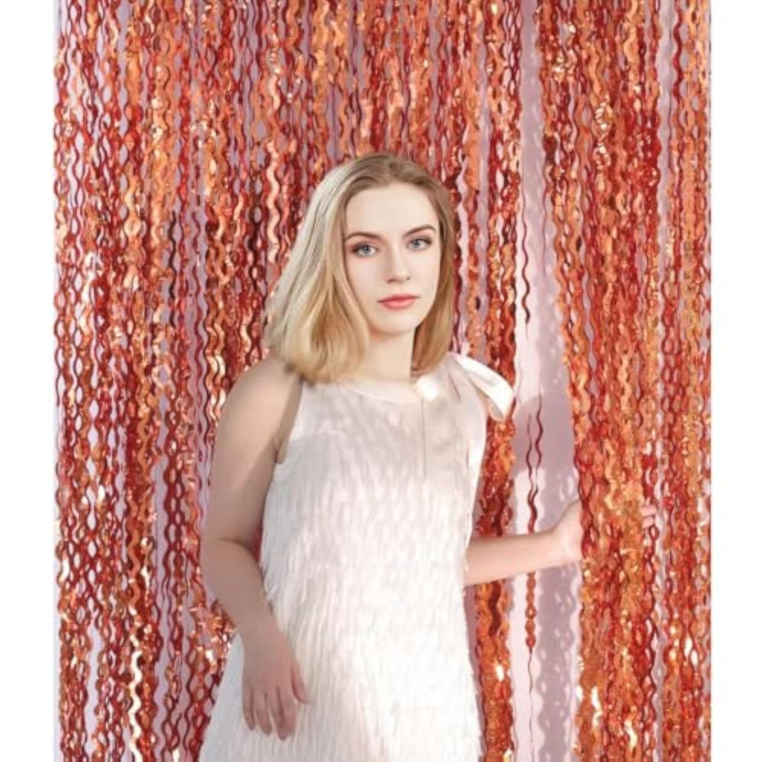 4 Pack Wavy Orange Foil Fringe Curtains 3.3x6.6ft Backdrop for Halloween Party Decor