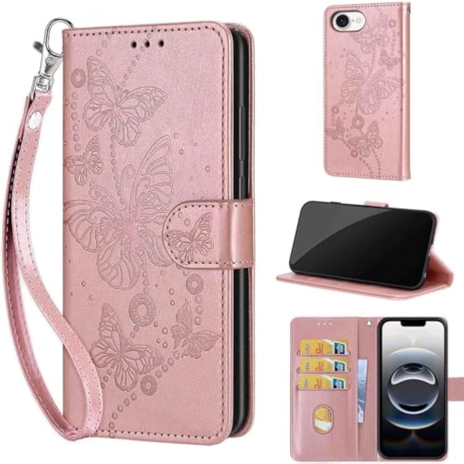 Designed For Iphone 16E Case Wallet,Women Flip Folio Cover With Embossed Pu Leather Stand Credit Card Holders Slots Wrist Strap Phone Case For Iphone 16E 6.1 Inch (Rose Gold Butterfly)