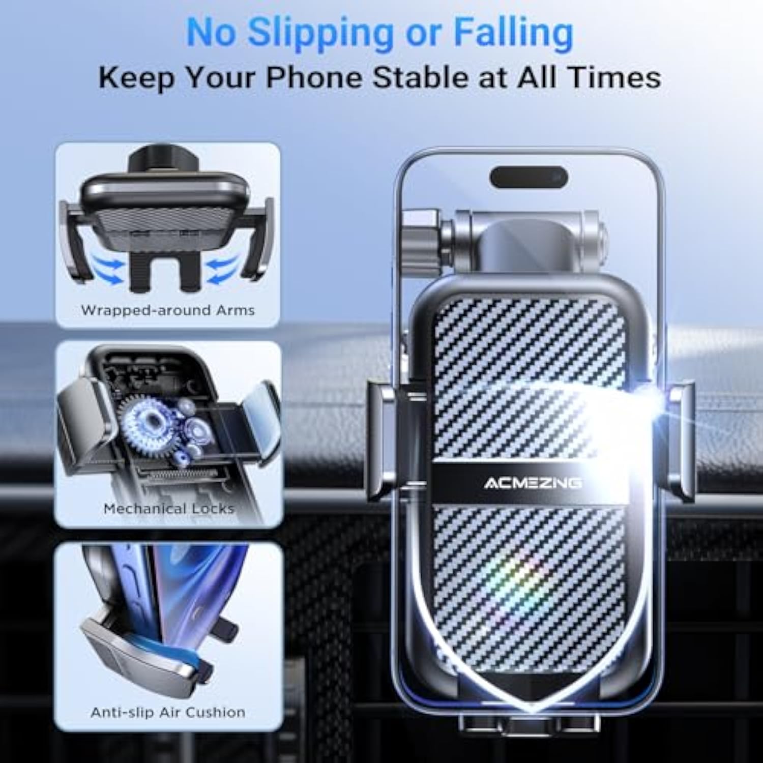 3-In-1 Car Phone Holder [122+Lbs Strongest Suction & Stable Clamp Arm] 360° Adjustable Car Phone Mount, Cell Phone Holders For Your Car For Dashboard Vent, All Smartphones & Car Models (Black)