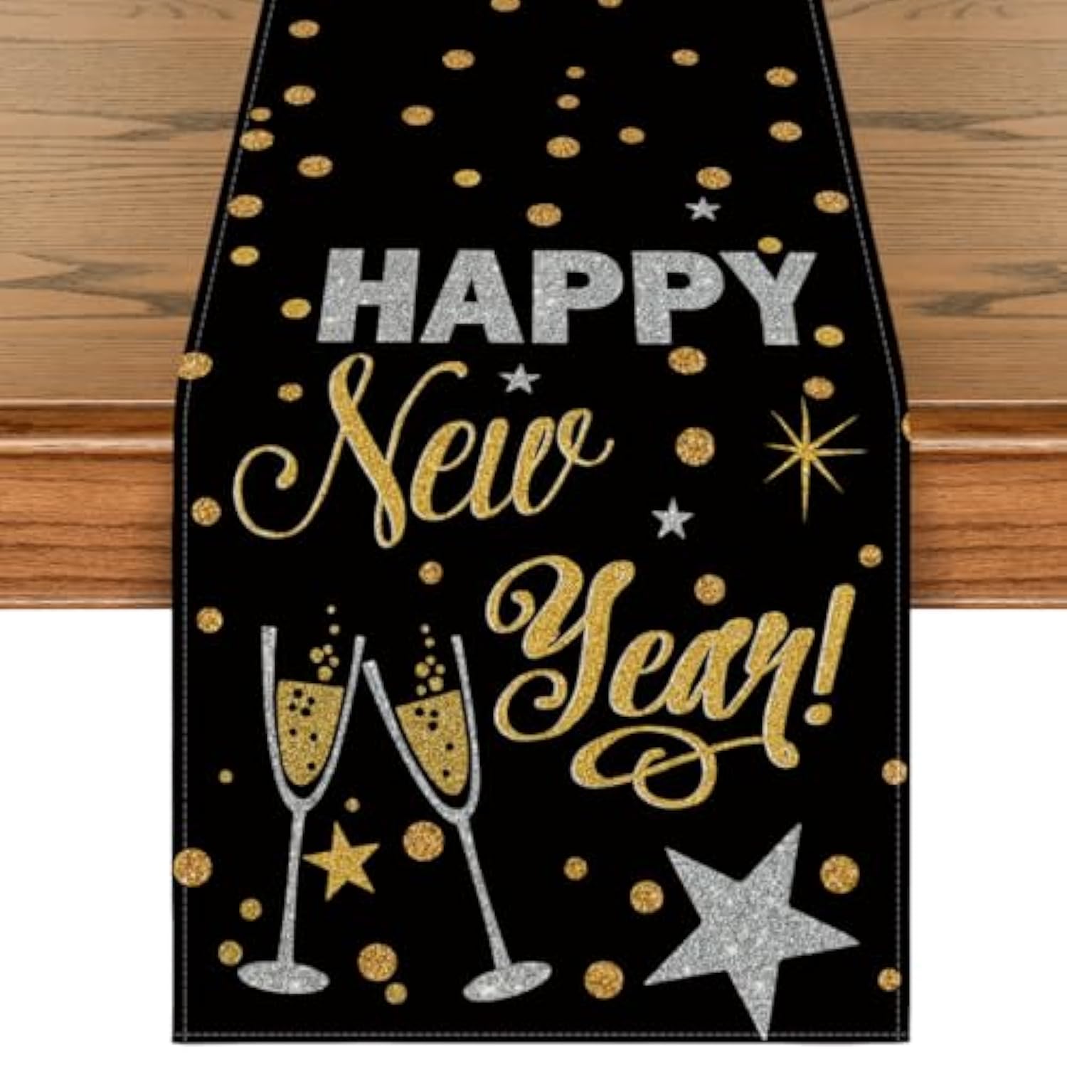 Cheers Black Gold 2025 Happy New Year Table Runner 13x72in Party Decor