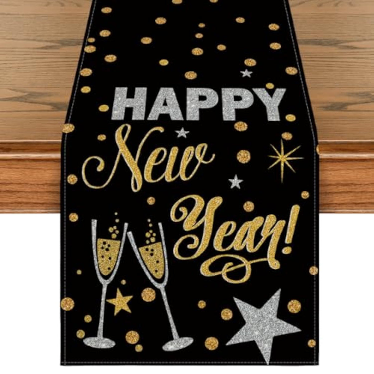 Cheers Black Gold 2025 Happy New Year Table Runner 13x72in Party Decor