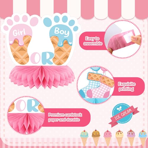 12 Pcs Ice Cream Gender Revel Decoration Honeycomb Centerpiece Whats the Scoop Gender Reveal Decorations Pink Blue He or She Table Topper Table Decor or Baby Shower Birthday Party Favors