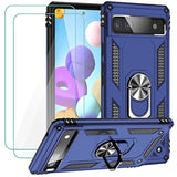 For Google Pixel 6A Case With Tempered Glass Screen Protector [2 Pack], Military-Grade Armor Shockproof Protective Phone Cover With Ring Magnetic Kickstand For Pixel 6A, Blue