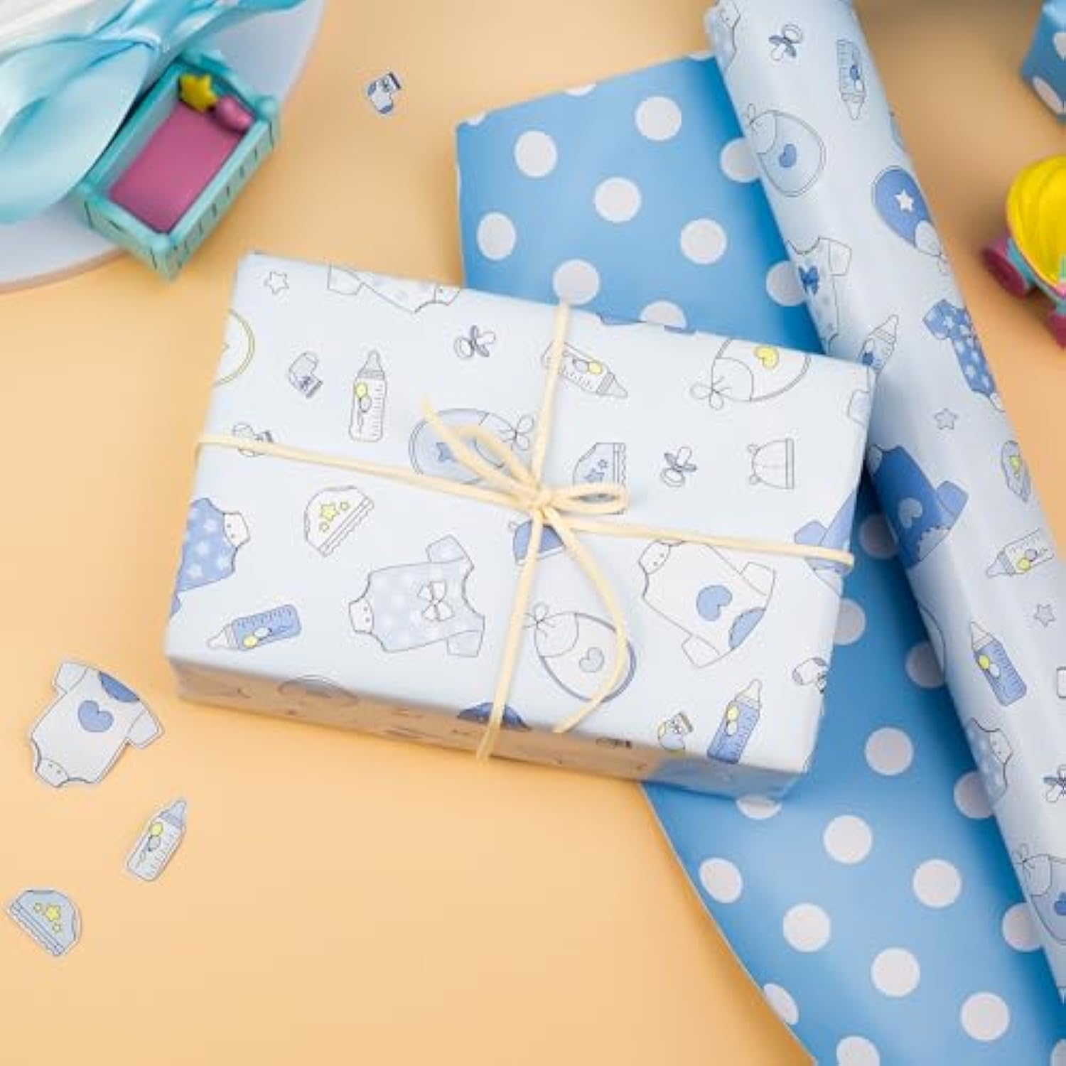 Newborn Baby Wrapping Paper Roll - 17Inch X 33Feet - Cute Baby Blue Boy Snapsuit And Bottles Design Gift Wrap Baby Shower Presents Sheet For New Baby, Birthday, Celebration And Party