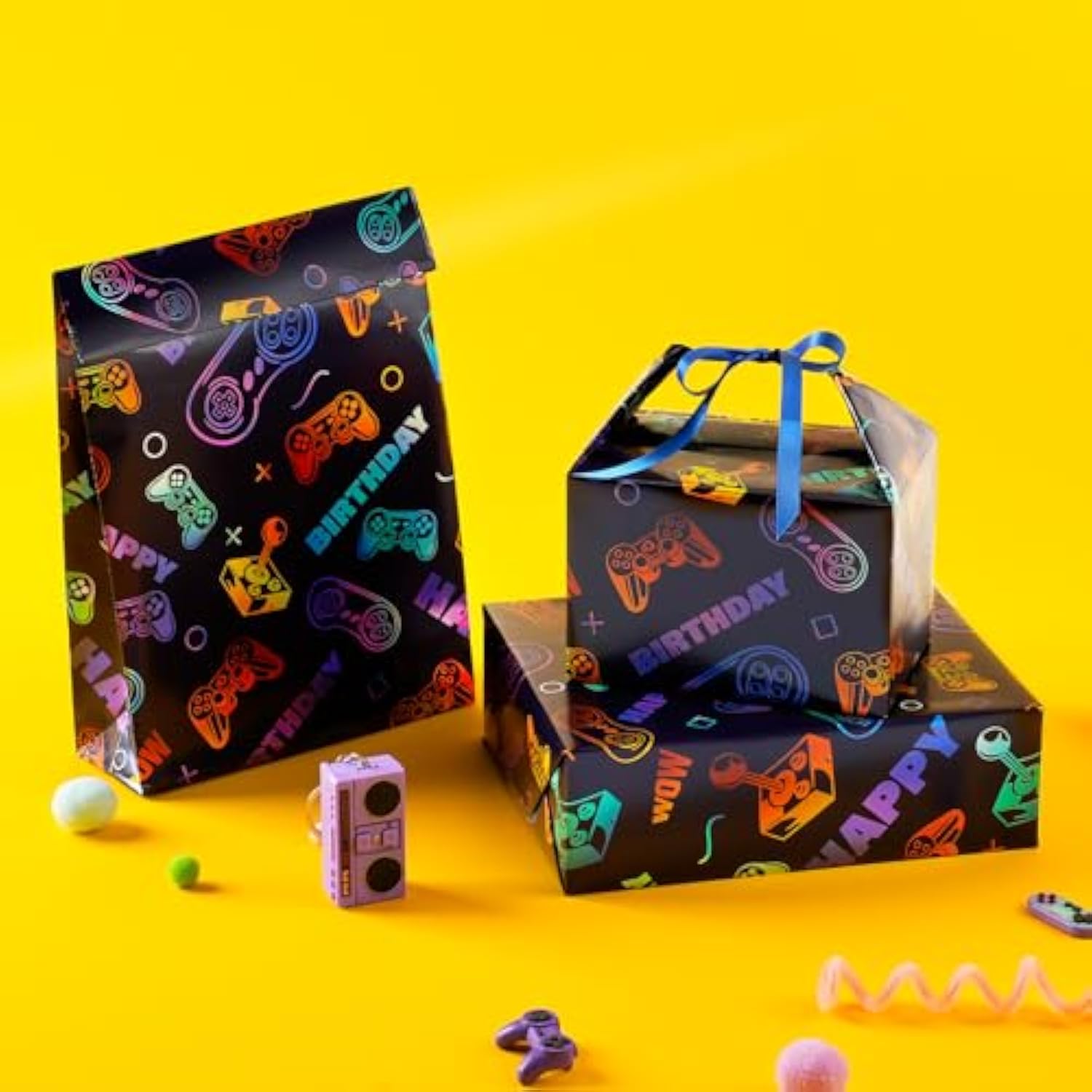 Gaming Wrapping Paper - 17 Inch X 33 Ft - Colorful Video Game Design Gift Wrap Paper For Birthday Game Party Favor Game Lover Holiday