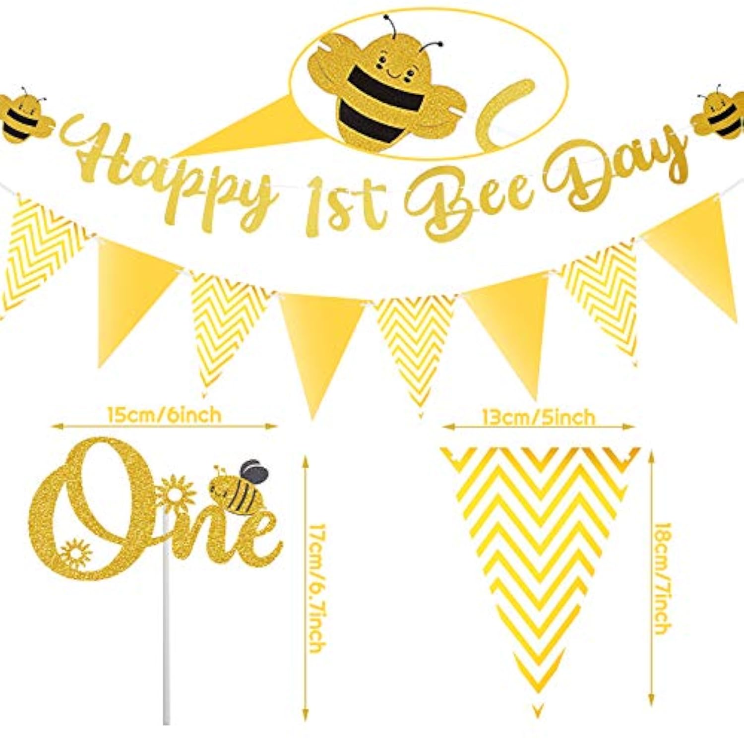 Happy 1St Bee Day Gold Glitter Banner One Cake Topper Golden Triangle