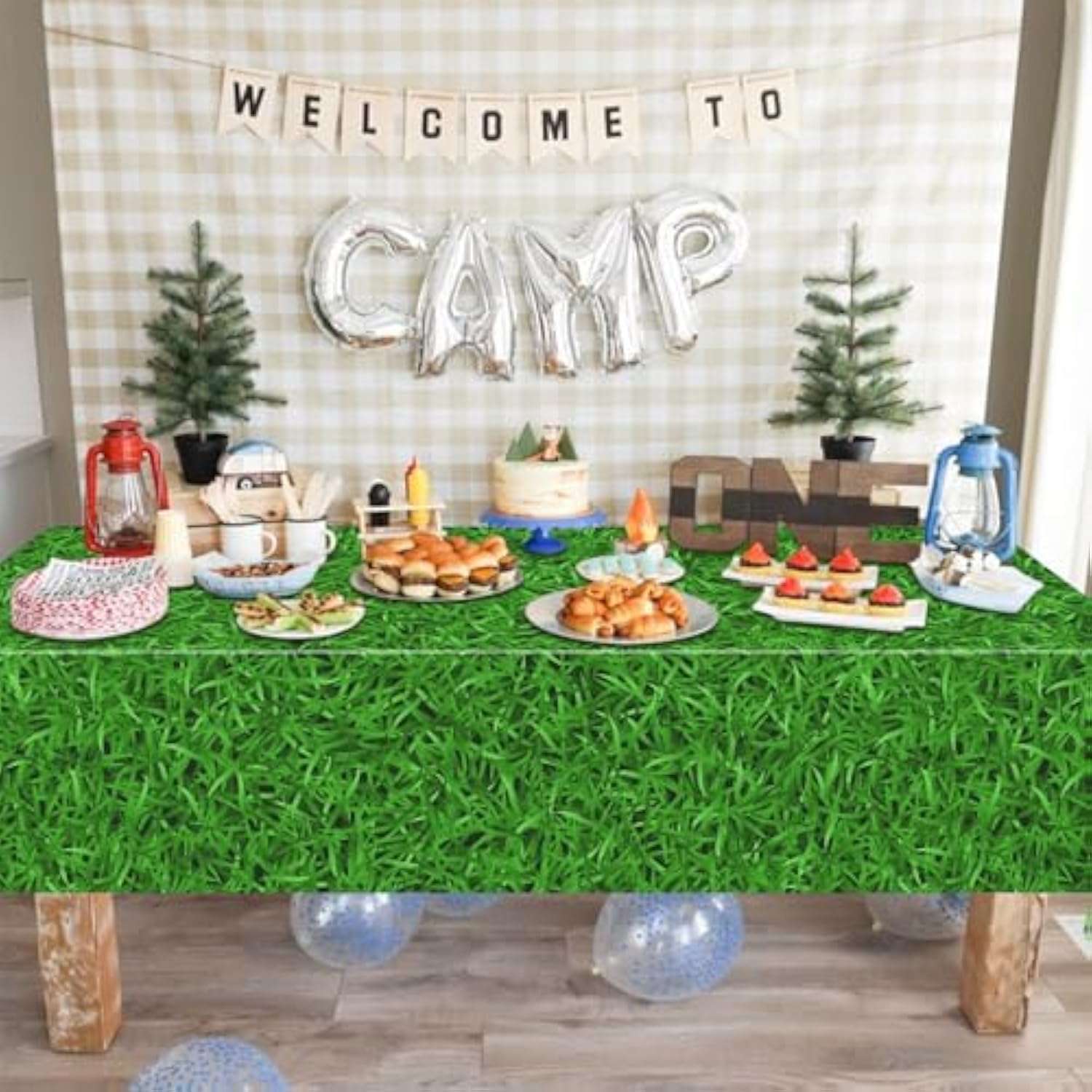 4 Pcs Green Grass Tablecloths, 51 X 86 Inch Green Plastic Tablecloth Grass Table Covers For Golf Party Decorations Woodland Baby Shower Decorations