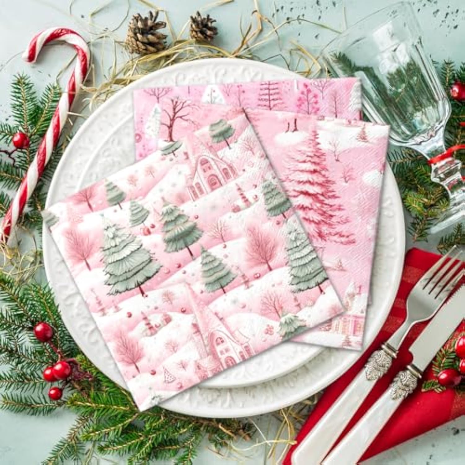 Pink Christmas Tree Napkins-40Pcs Disposable Paper Napkins Holly Merry Christmas Cocktail Napkins For Winter Xmas Party Decorations