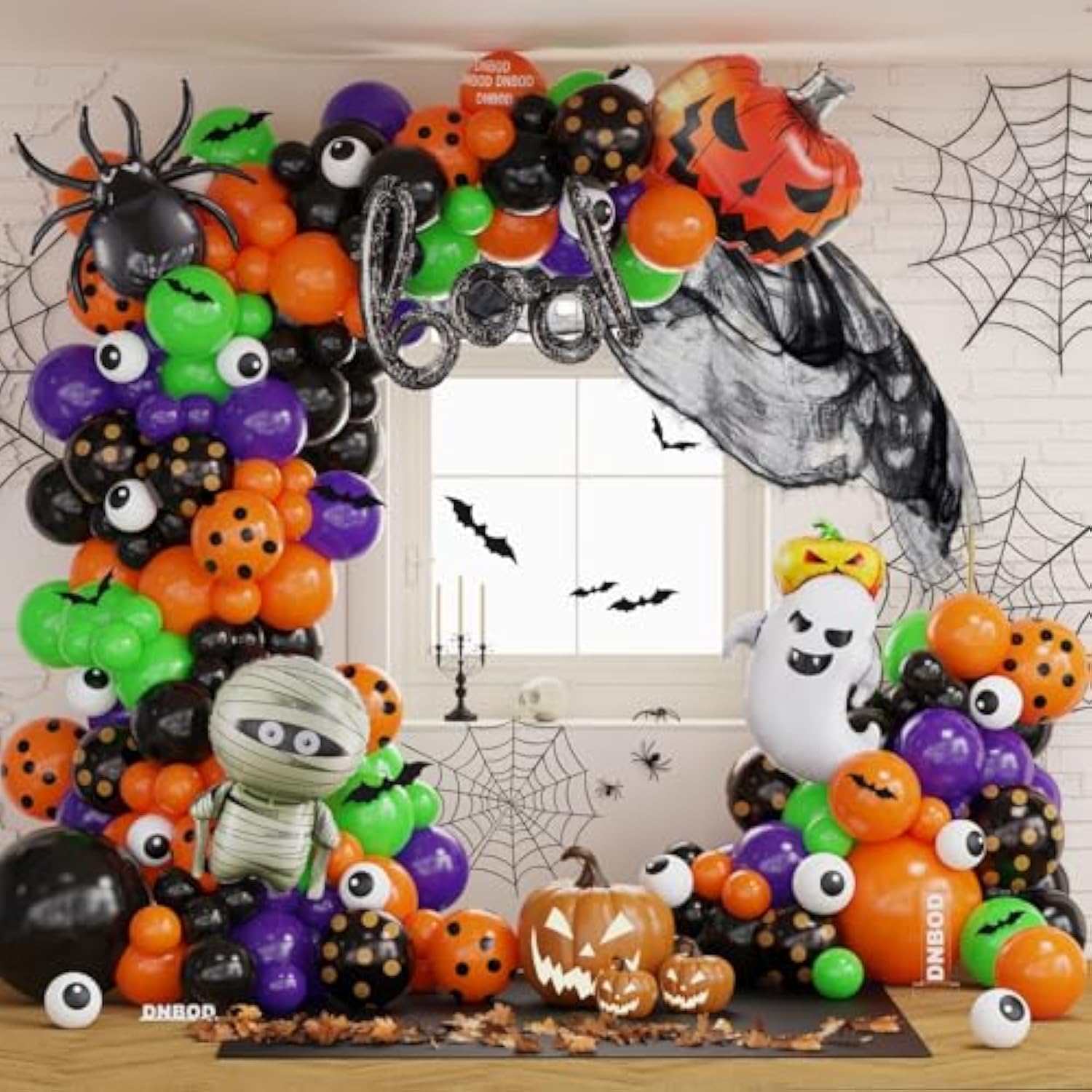 Halloween Balloon Arch Kit: Orange, Black, Purple, Bat & Eyeball Decor