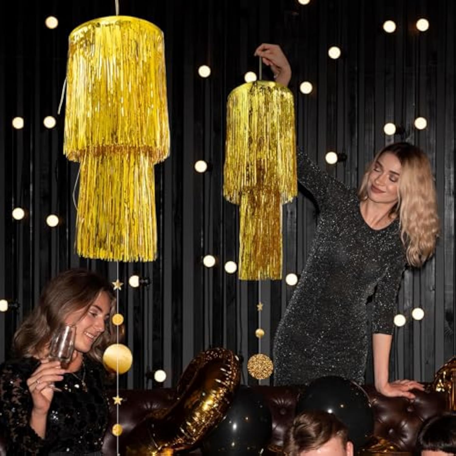 Gold 2-Tier Chandelier Tinsel Ceiling Decor with Stars for Party & Room