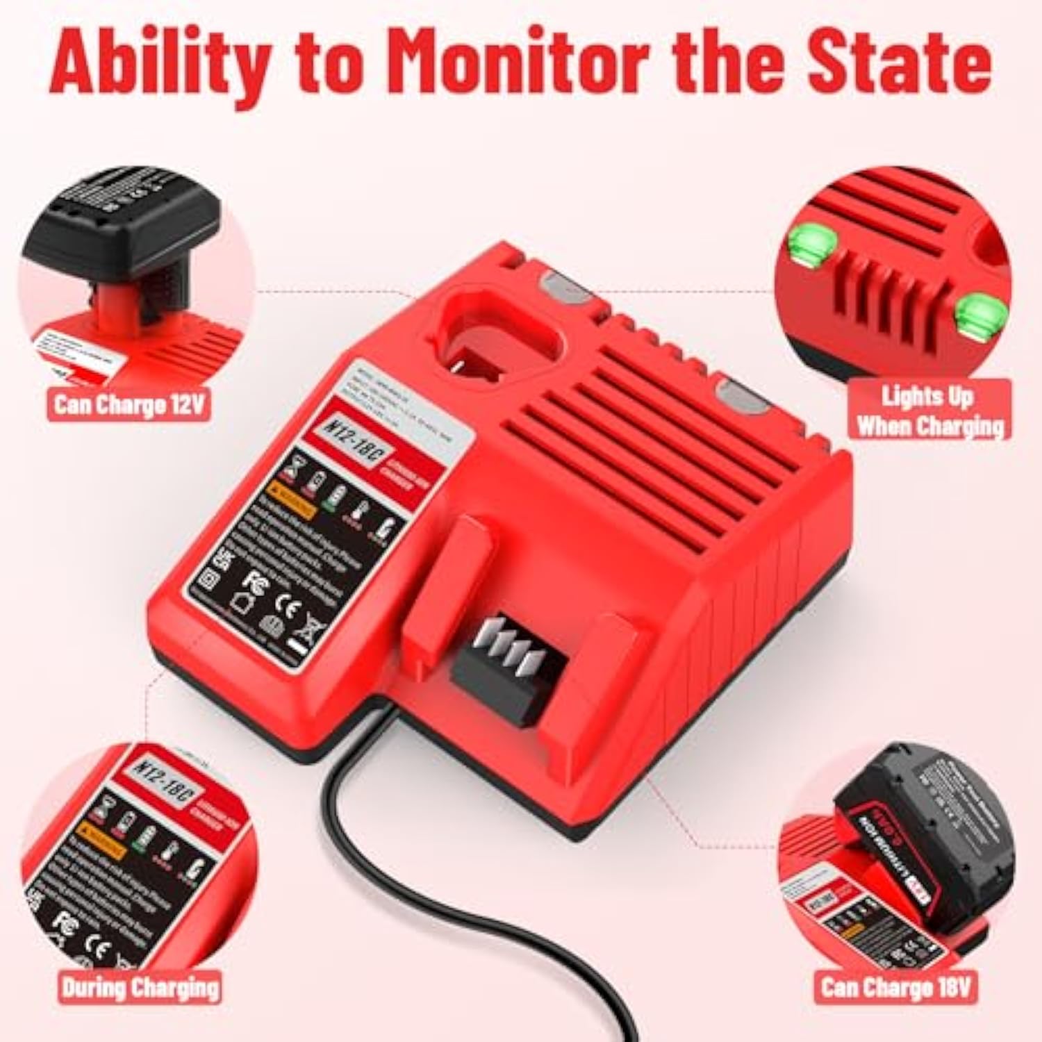 Multil Volatage Rapid Battery Charger - Replacement For Milwaukee M12-M18 Power Tool Lithium Battery 48-11-2412 48-11-2401 48-11-2440 48-11-1862 48-11-1850 48-59-1812 48-11-2420 48-11-1815