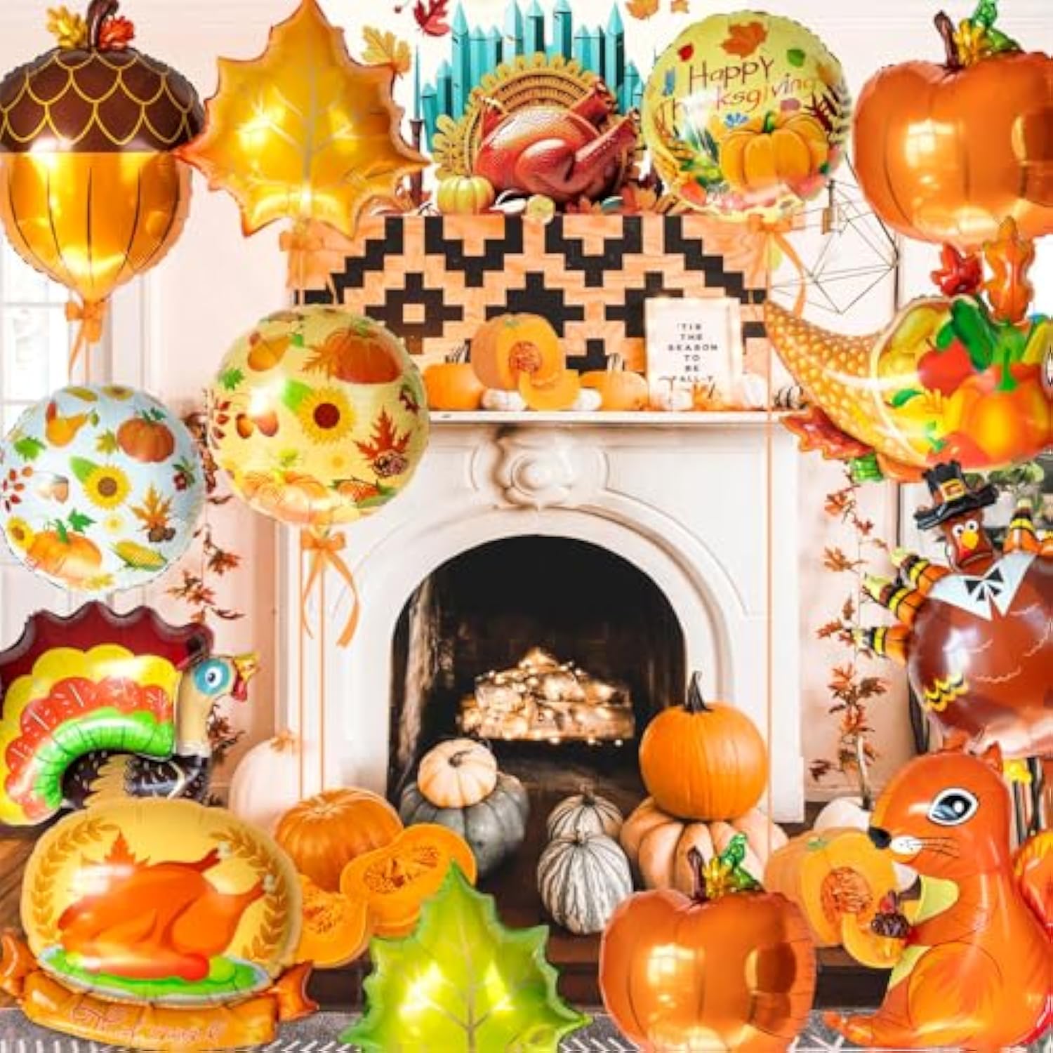 24pcs Fall Balloons Happy Thanksgiving Foil Balloons with Leaf Pumpkin Maple Squirrel Cones Decor