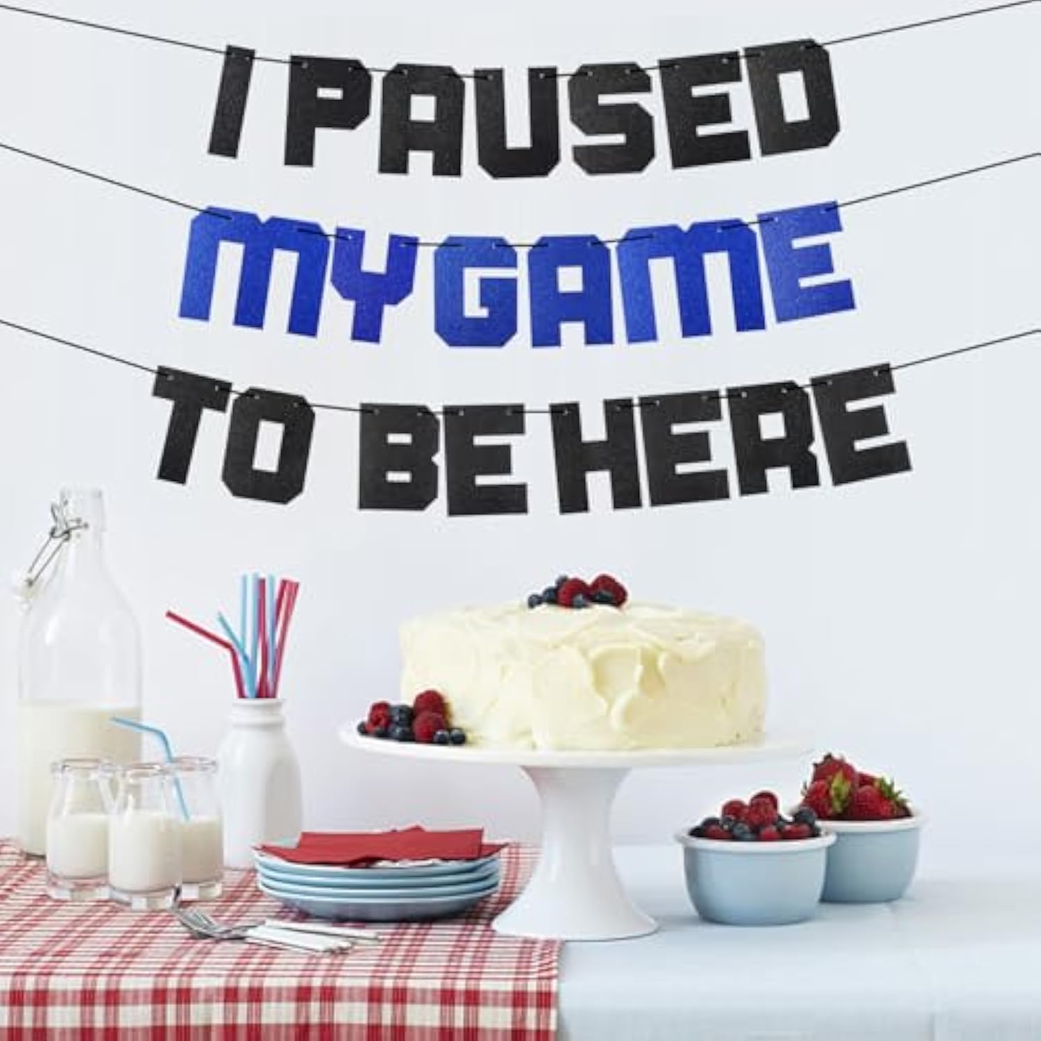 Video Game Party Supplies I Paused My Game To Be Here Banner, Blue Gaming Birthday Party Decorations, Glitter Theme Backdrop Sign Decor