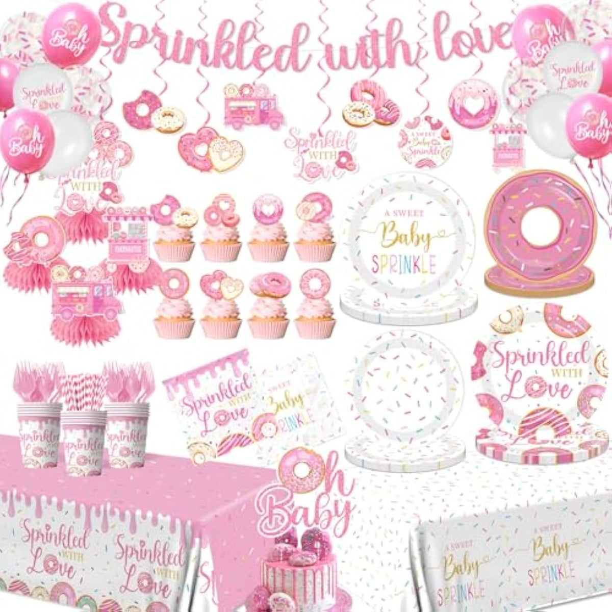Baby Sprinkle Decorations For Girl, Sprinkled With Love Baby Shower Supplies Donut Plates Napkins Cups Tablecloth Banner Cake Topper, Honeycomb Centerpieces For Pink Donut Baby Shower Decorations