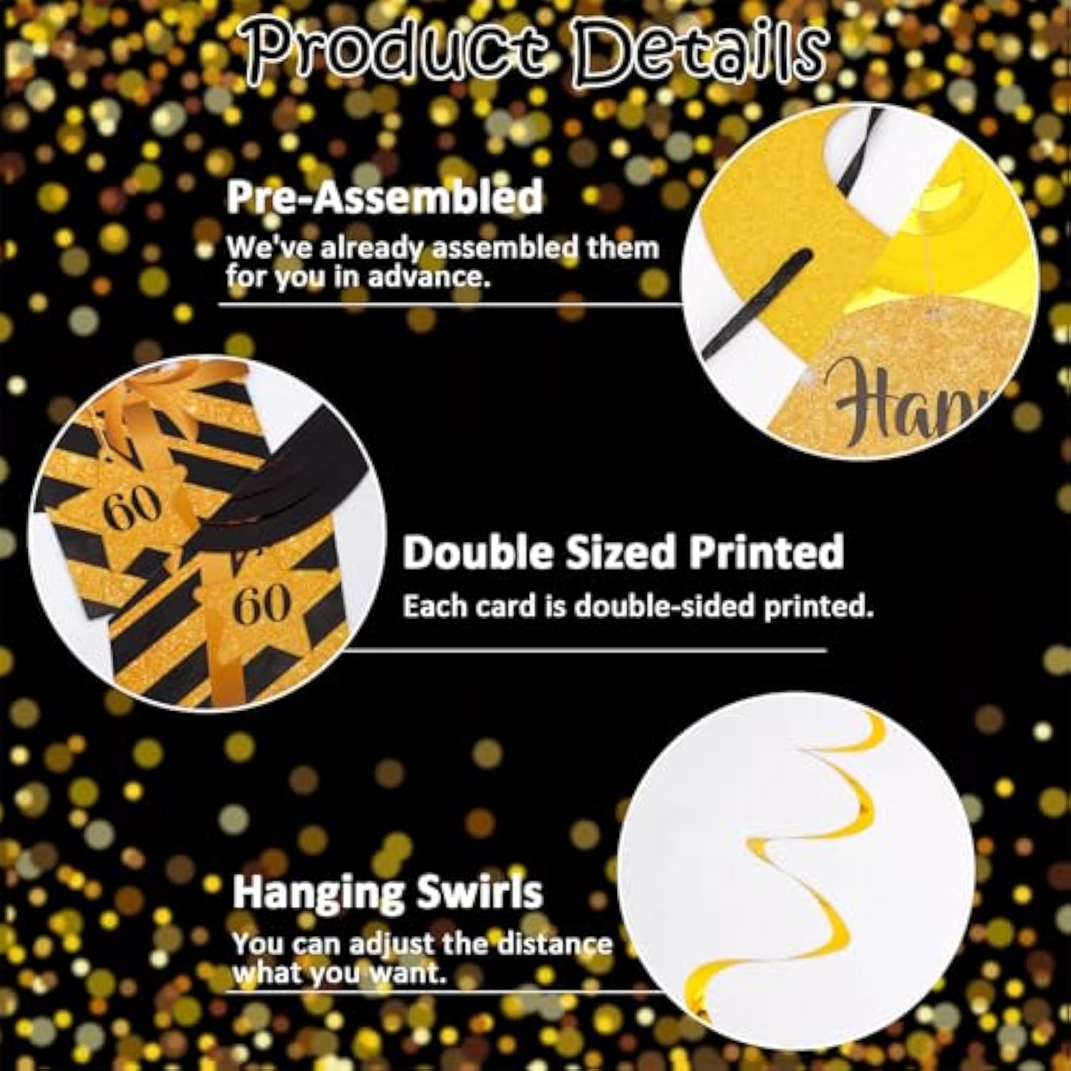 Black & Gold 60Th Birthday Decoration Kit - Happy 60Th Birthday Decorations For Women & Men With 10Pcs Hanging Swirls