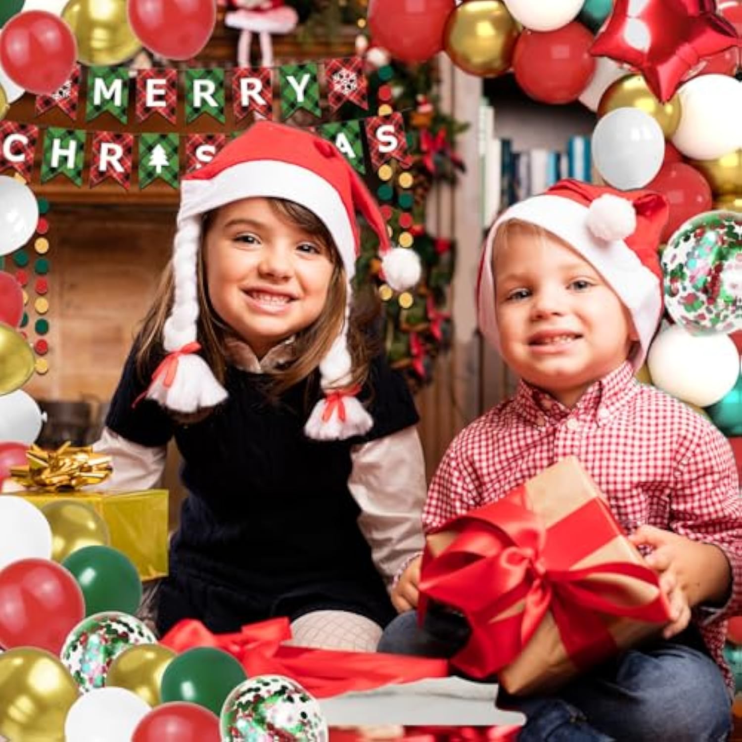 131 Pcs? Christmas Decorations Indoor, Christmas Party Supplies - "Merry Christmas" Banner, Photo Prop, Balloon Party Kit, Hanging Swirl, Fringe Curtain