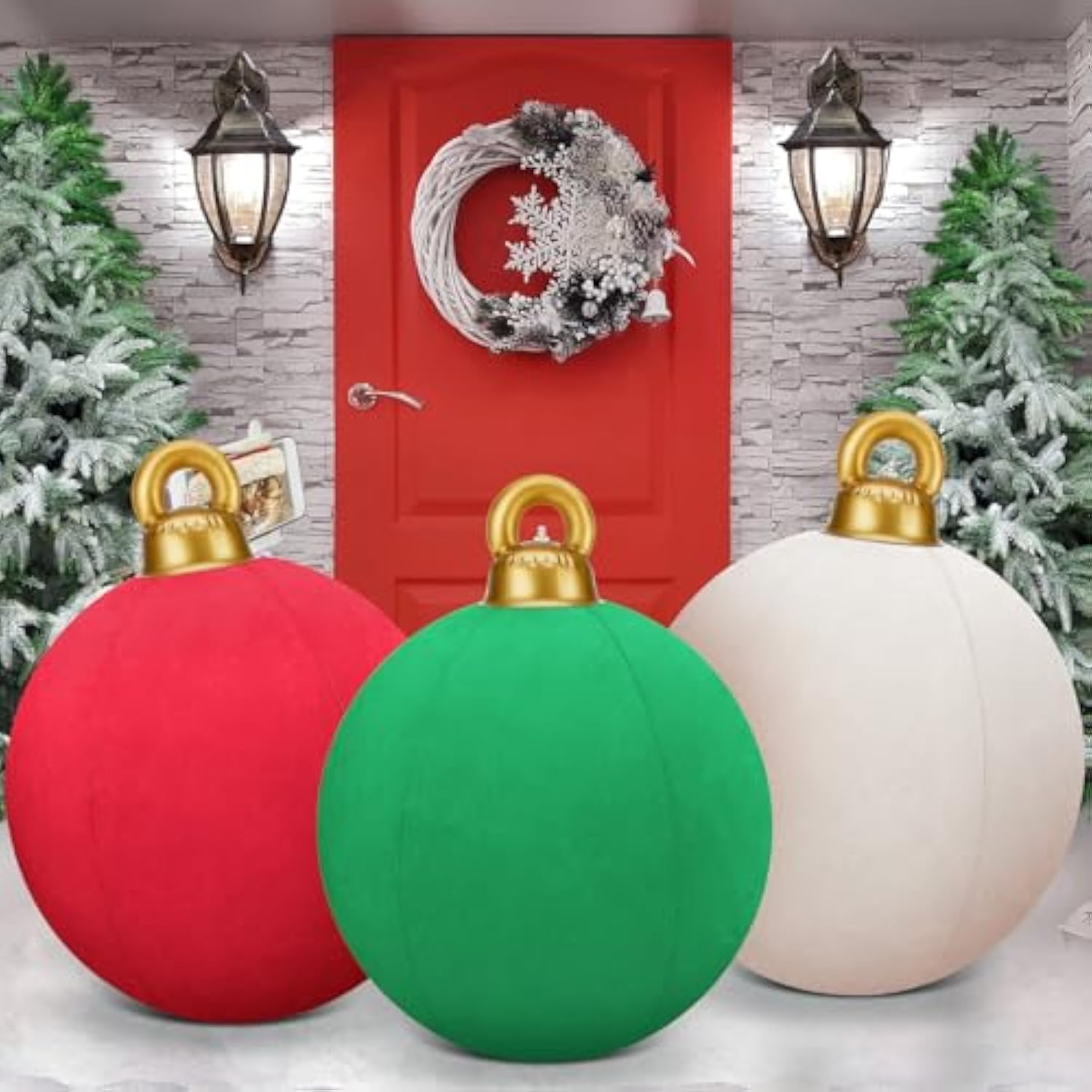 3 Pcs 32 Inch Giant Velvet Christmas Inflatable Balls Ornament Flocked Xmas Pvc Inflatable Flocked Ball Ornaments For Ch