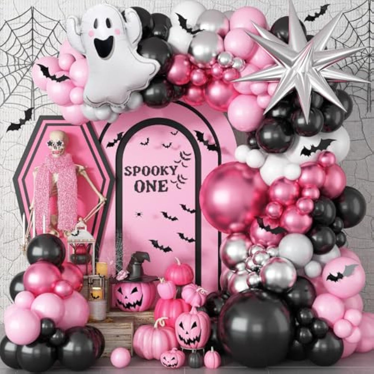 131Pcs Halloween Balloon Arch Kit - Pink, Black, Silver with Ghost, Star & 3D Bat Decor