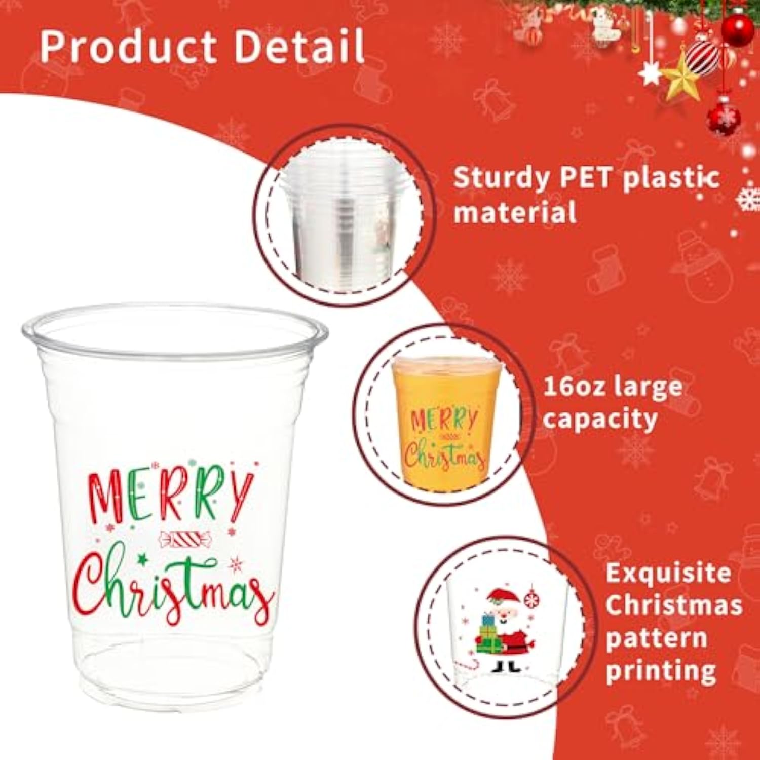 60 Pcs Christmas Plastic Cups 16 Oz Merry Christmas Clear Cup Disposable Xmas Snowman Santa Claus Clear Drinking Cups Bulk For Beverage Coffee Xmas Winter Party Supplies
