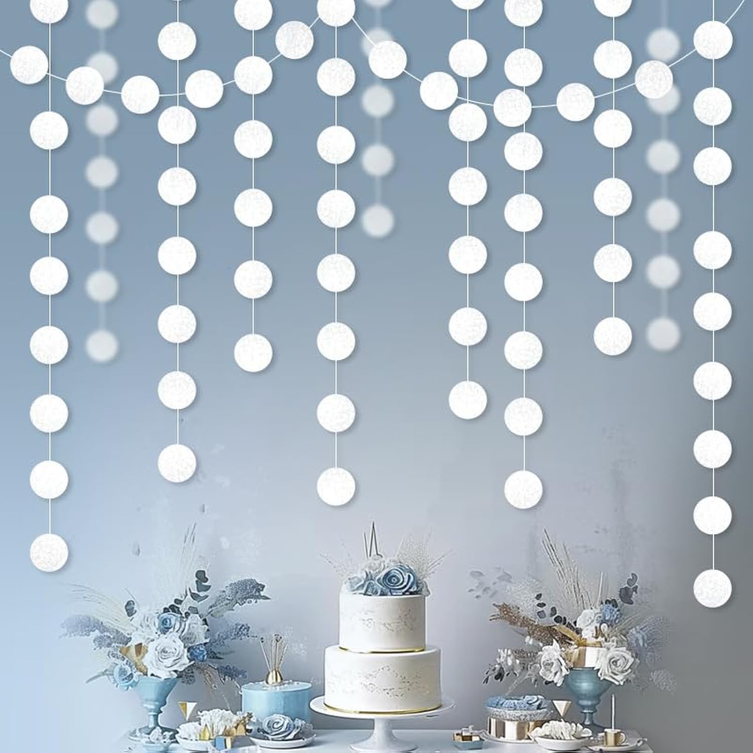 Shining White Circle Dots Hanging Garland Sparkling White Circle Dots Hanging Streamer Glitter Bunting Banner Backdrop For Wedding Baby Shower Birthday Xmas Decor 40 Feet