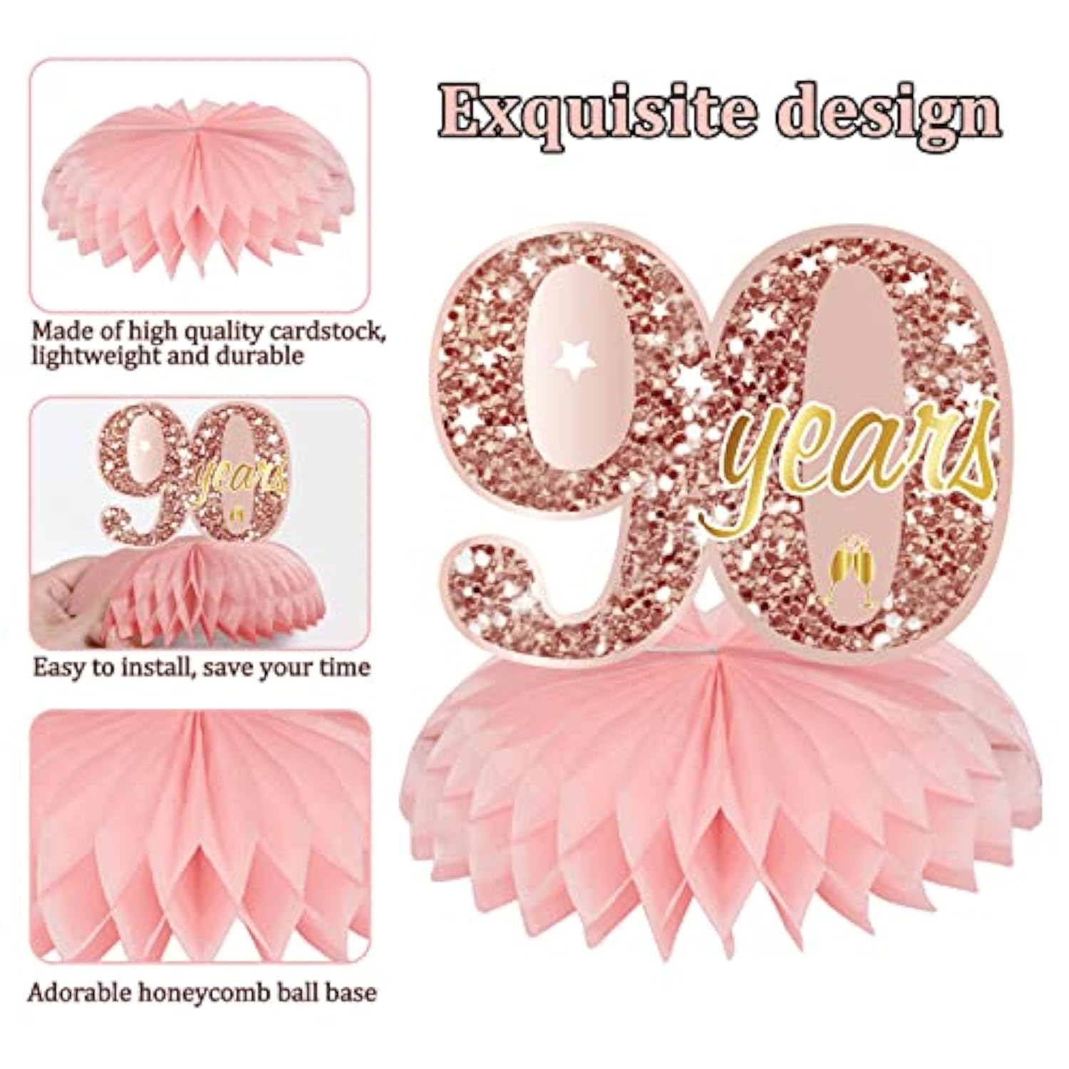 Pink Rose Gold 90Th Birthday Honeycomb Centerpieces Decorations For Wo