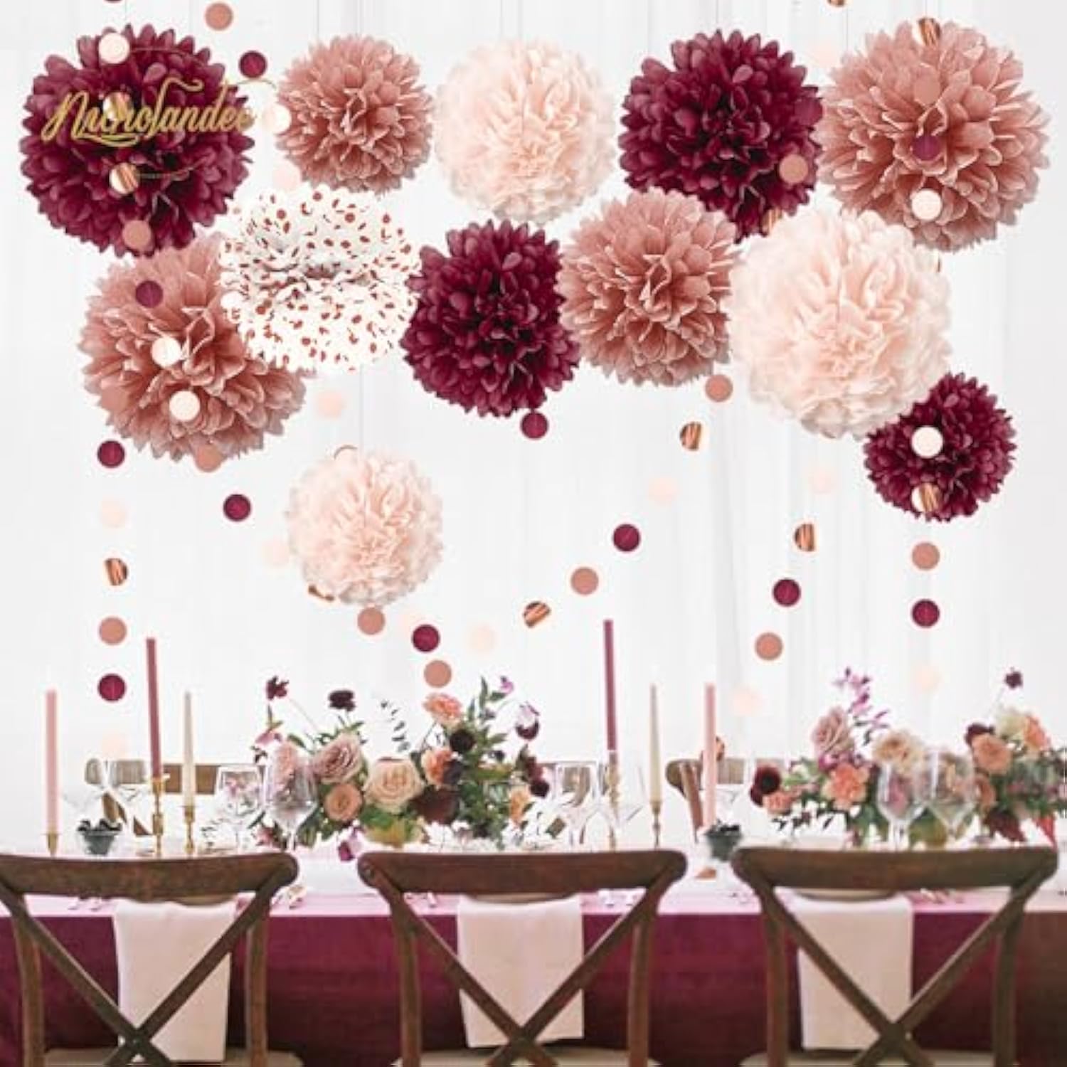 Bachelorette Party Decorations - 15Pcs Burgundy Rose Gold Tissue Pom Poms Circle Dots Polka Dot Kit For Valentines, Engagement, Wedding, Bridal Shower, Burgundy Birthday Decorations