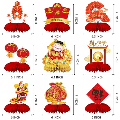 Chinese New Year Honeycomb Centerpieces, 9 Pieces Lunar New Year Table Centerpieces - Asian Chinese Themed Spring Festival Red and Gold Paper Table Toppers Party Decorations