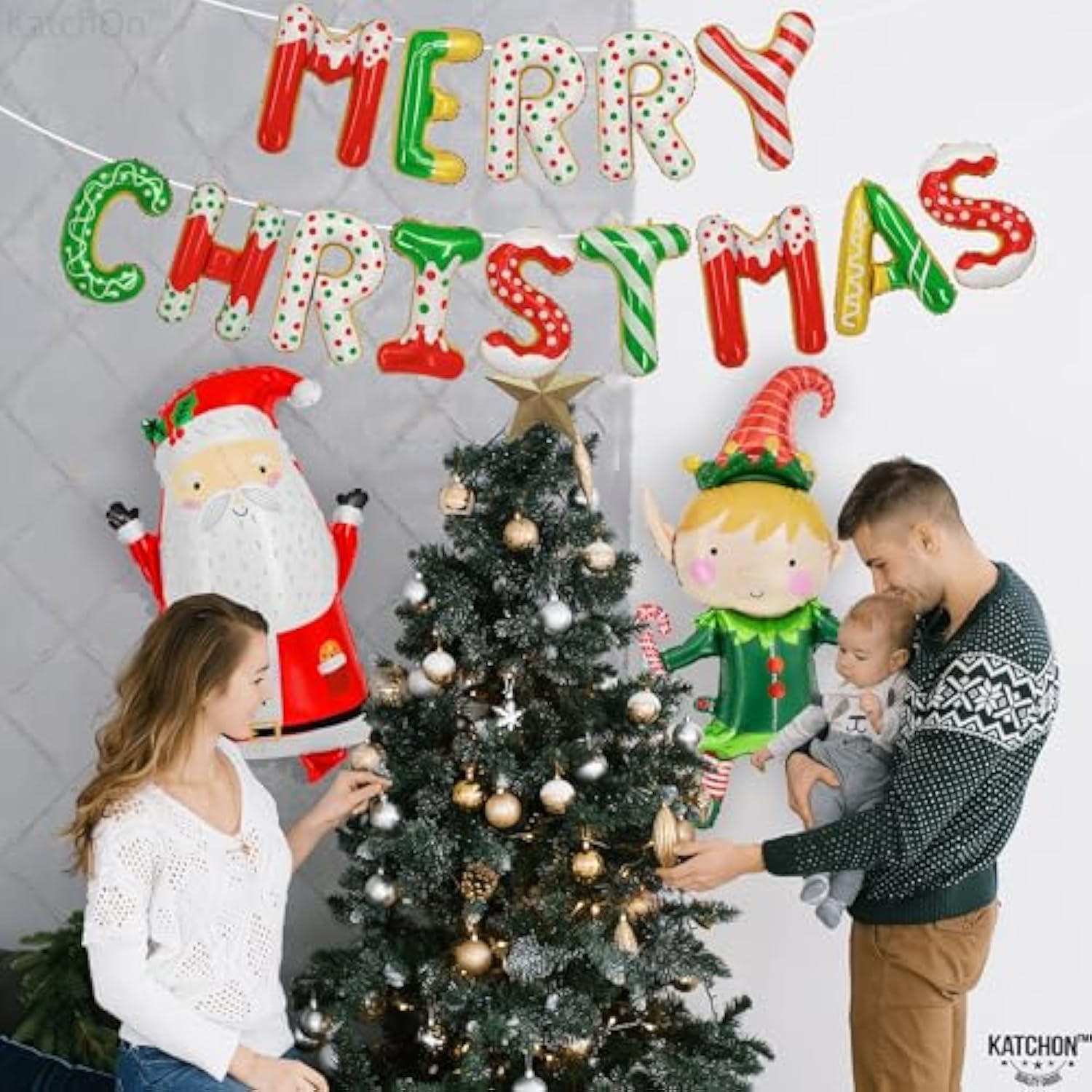 Merry Christmas Balloon Banner Set - 38 Inch, Pack Of 16 | Elf & Santa Balloons, Christmas Party Decorations