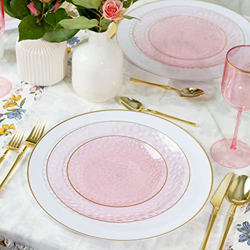 32 Piece Combo Plates Set includes 16-7'' inch Plate & 16-10'' inch Plates Pink Hammered Plastic Party Plate Premium heavyweight Elegant, Disposable, Tableware, Dishes,