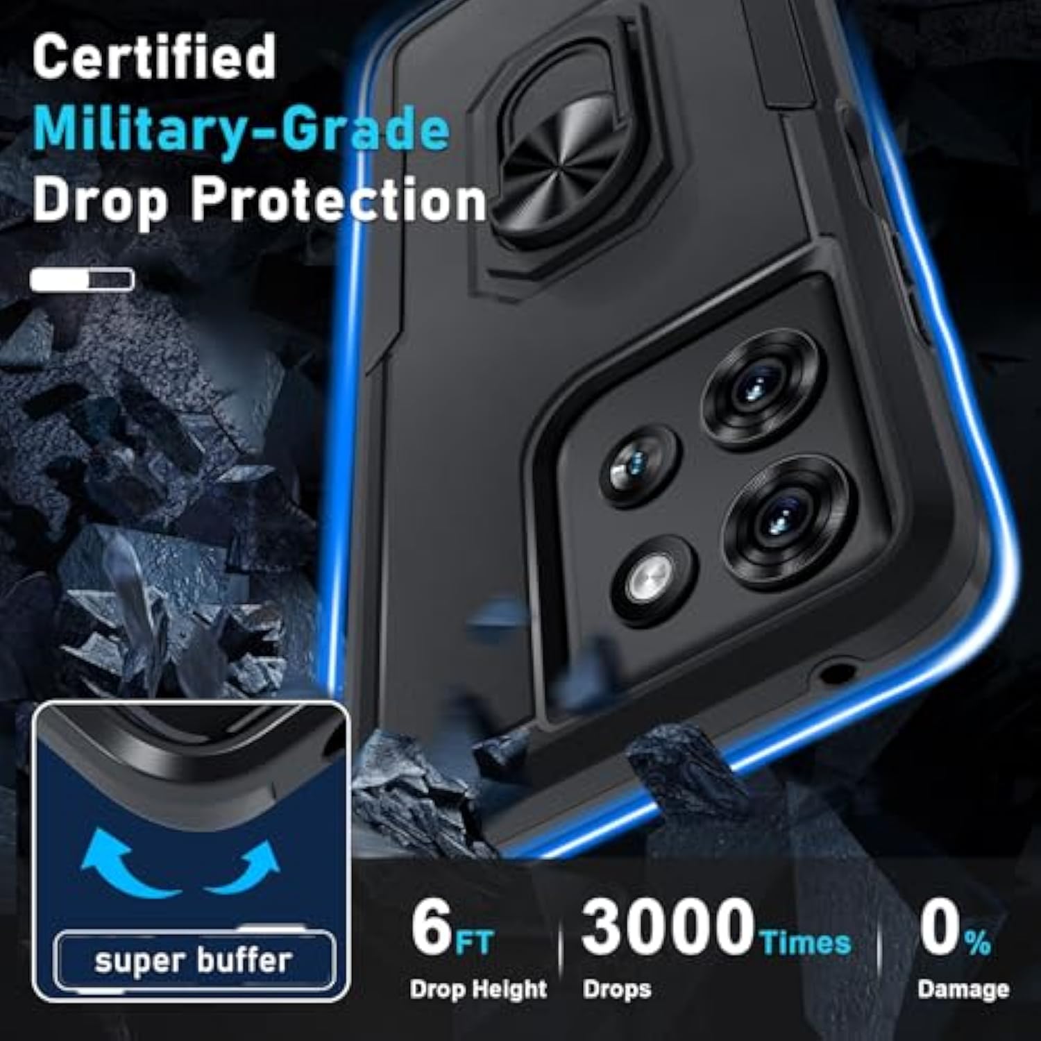 Compatible With Motorola Moto G 2025 Case With Screen Protector,Heavy Duty Shockproof Full Body Protective Cover Built In Rotatable Metal Ring Holder Kickstand,Black Matte