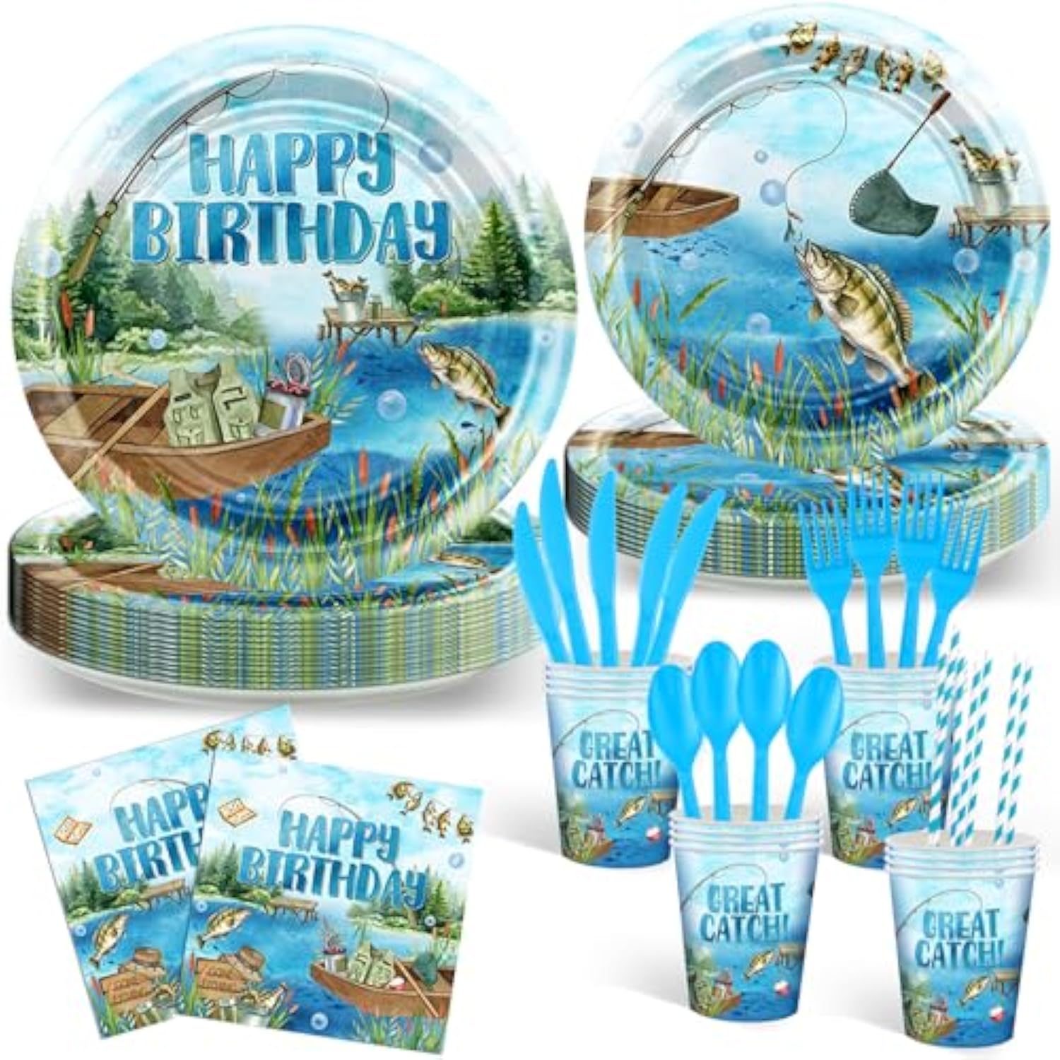 192 Pcs Fishing Birthday Decorations Fishing Birthday Party Disposable Plates And Napkins Set Fisherman Party Paper Tableware Supplies Serve 24