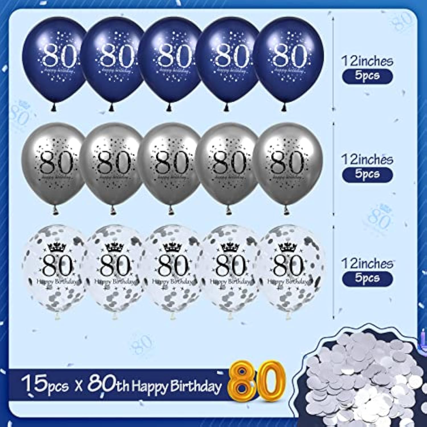 80Th Birthday Balloon Decorations, 15 Pcs Navy Blue Silver 80Th Happy Birthday Balloons For Men Women 80 Anniversary Latex Inflatable Confetti 80Th Birthday Party Decor Indoor Outdoor Yard Supplies