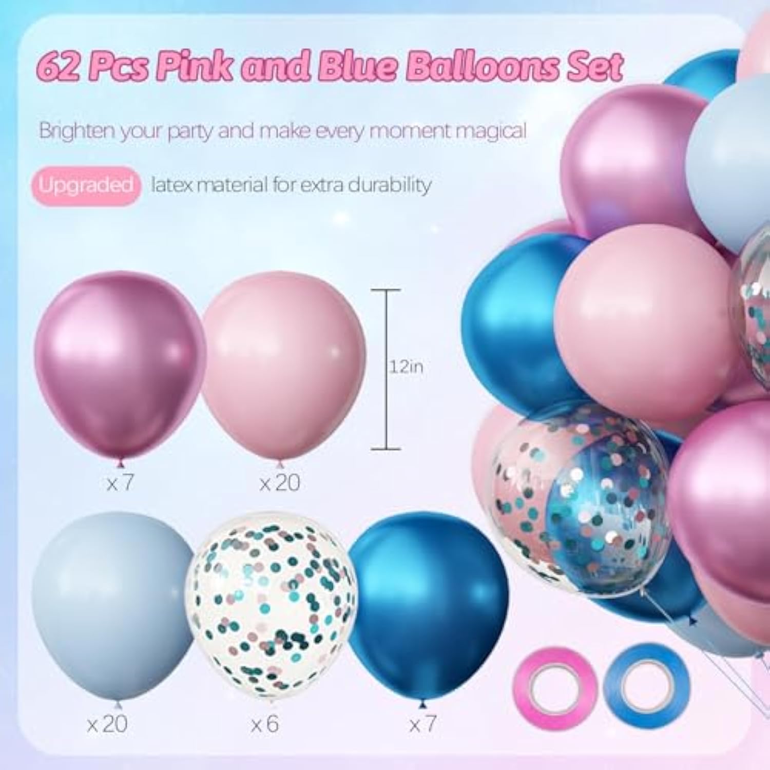 Gender Reveal Decorations Balloons Set, 62Pcs Pink And Blue Balloons For Boys Or Girls Gender Reveal Baby Shower Birthday Party Decorations, 12 Inch