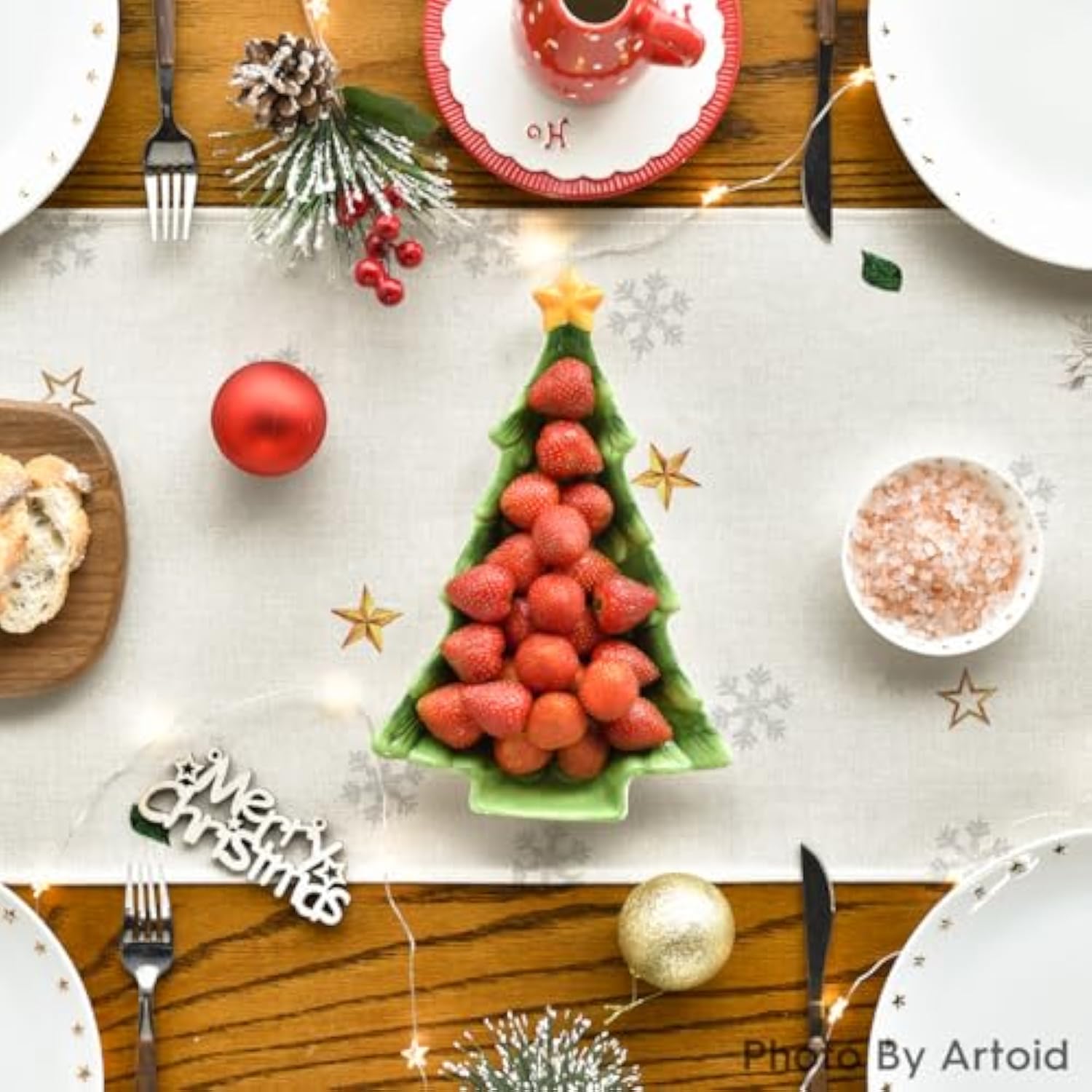 Poinsettia Birds Snowflake Merry Christmas Table Runner, Seasonal Winter Floral Kitchen Dining Table Decoration For Home Party Decor 13X48 Inch
