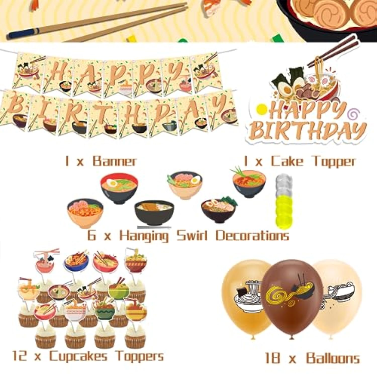 Ramen Party Decorations Japanese Noodles Birthday Decorations Includes Ramen Happy Birthday Banner Cupcake Toppers Cake Topper Spirals Balloons For Ramen Noodles Birthday Party Supplies