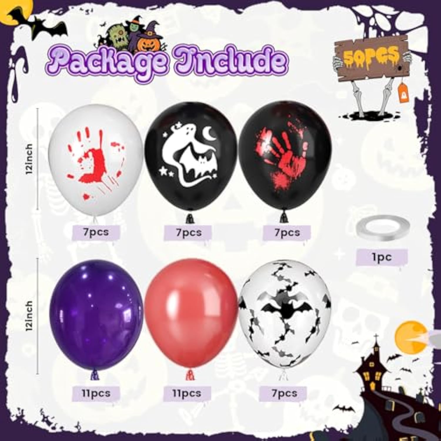50pcs Halloween Balloons Black Purple Red Bloody Handprint Bat Print Party Decor