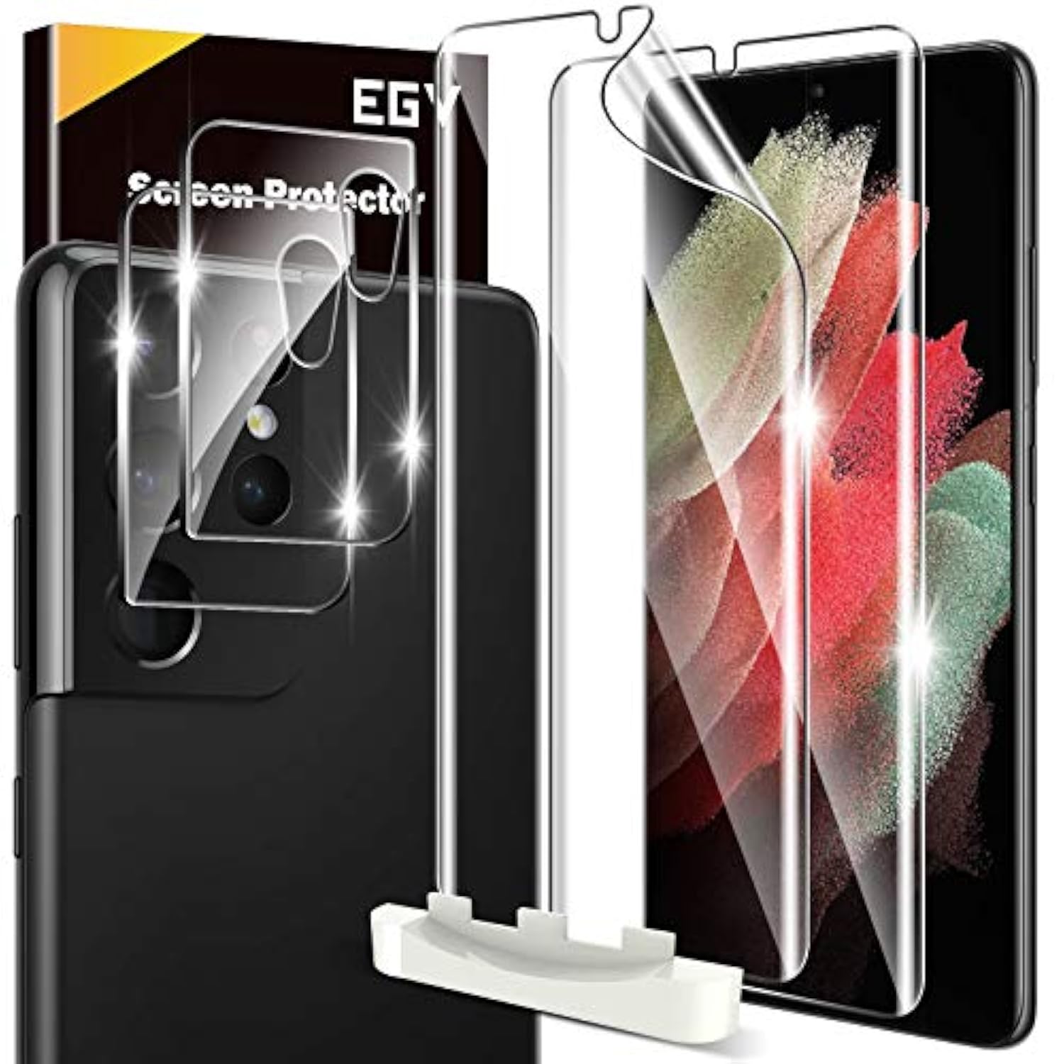 [2+2 Pack] Compatible For Samsung Galaxy S21 Ultra 5G 6.8-Inch, Flexible Tpu Screen Protector And Glass Camera Lens Protector[Support Fingerprint Reader] [Easy Installation] Case Friendly