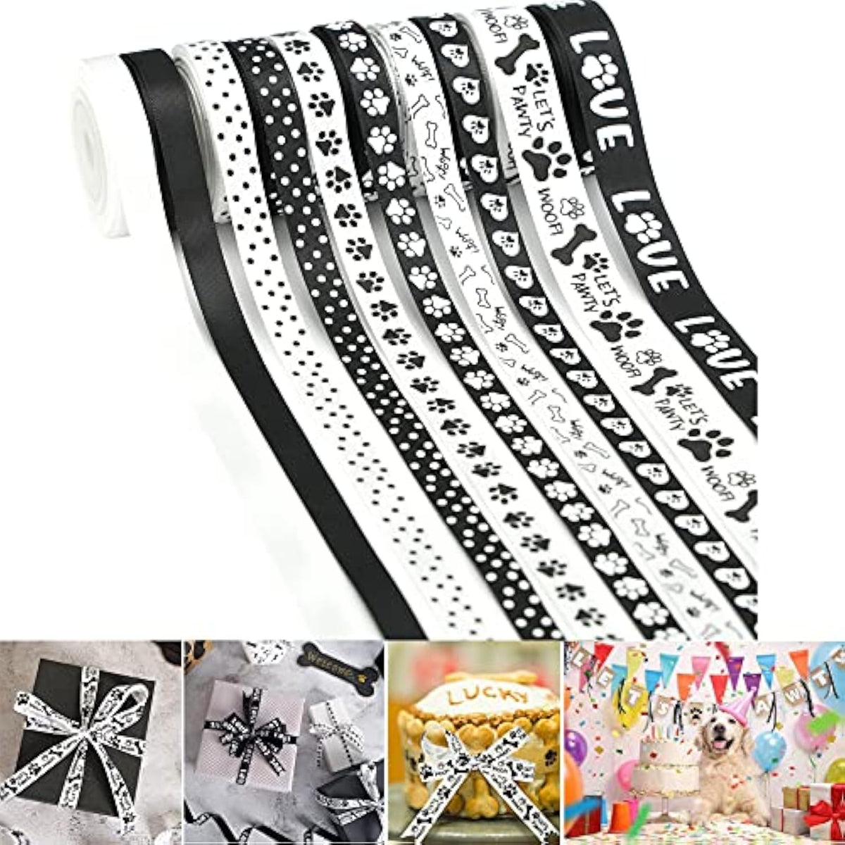 Paw Print Ribbon Dog Bone Satin Ribbon Assortment Black And White Ribb