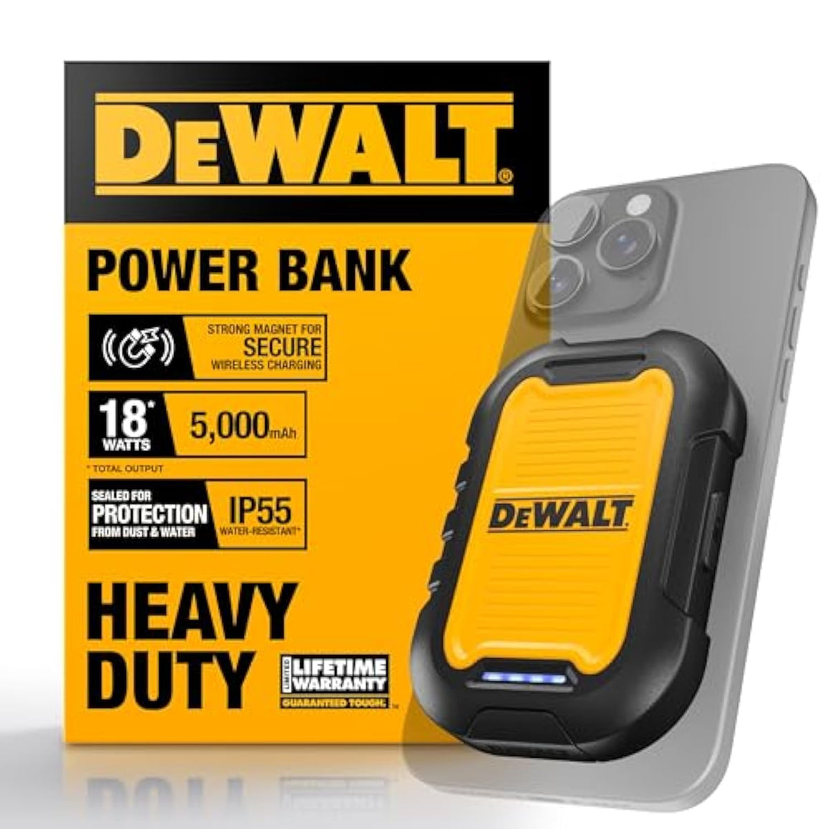 DEWALT Heavy Duty Magnetic Power Bank 5,000mAh, Rugged Wireless Portable Charger, 18W Fast Charging Battery Pack, USB-C to C w/USB Adapter Cable 4', Water Resistant, Works w/Magsafe iPhone 16/15/14
