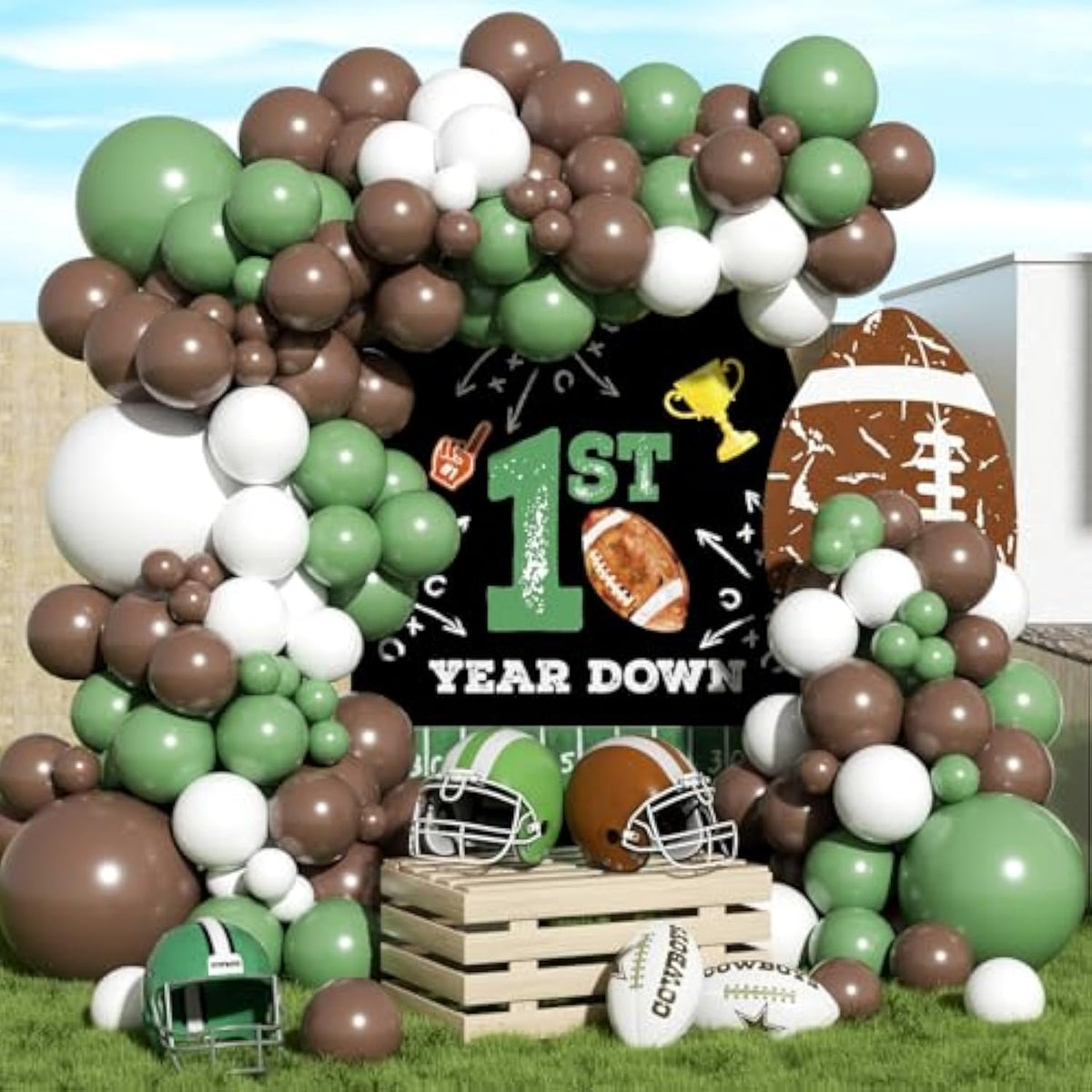 Football Balloon Garland Arch Kit, 128Pcs Sage Green Brown And White Balloons Football Foil Balloons, First Year Down Football Birthday Party Decorations Sport Theme Party Supplies