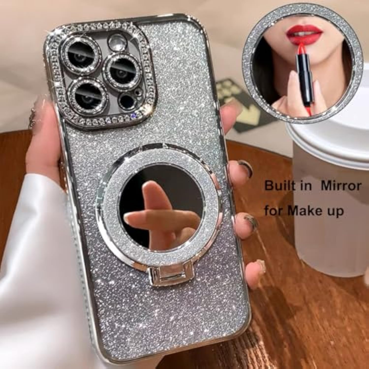 For Iphone 16 Plus Magnetic Glitter Kickstand Case, [Compatible With Magsafe] Girly Woman Makeup Mirror Cute Bling Rhinestones Cover + Camera Protector Ring Stand For Iphone 16 Plus (Pink)